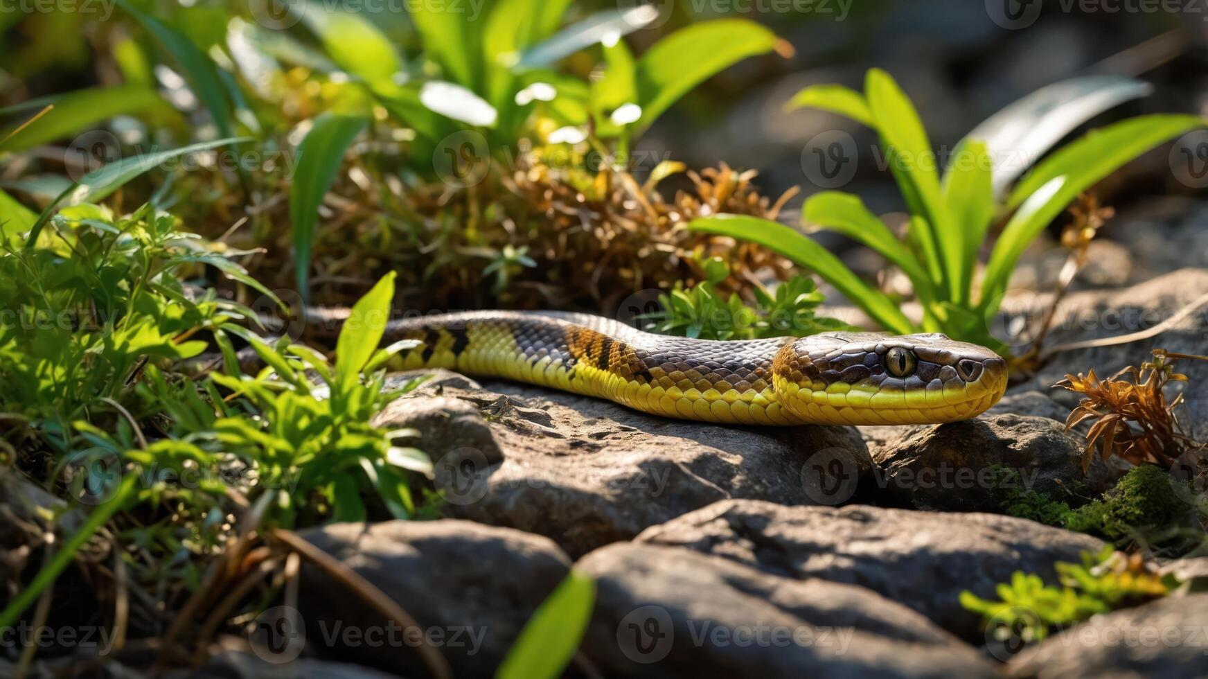 A snake slithering over rocks amidst green plants in a natural setting. photo