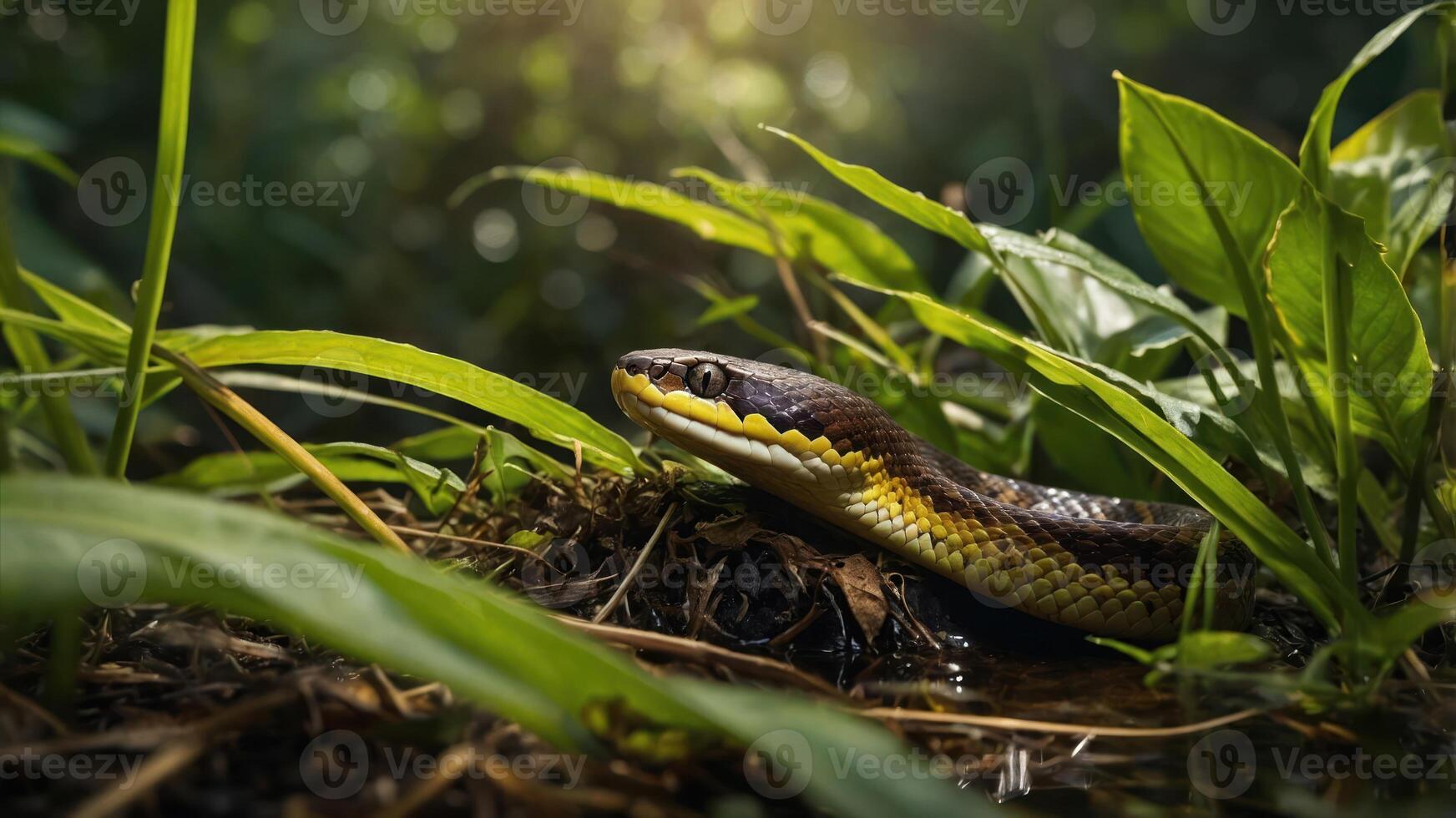 A close-up of a snake blending into lush greenery, highlighting its natural habitat. photo