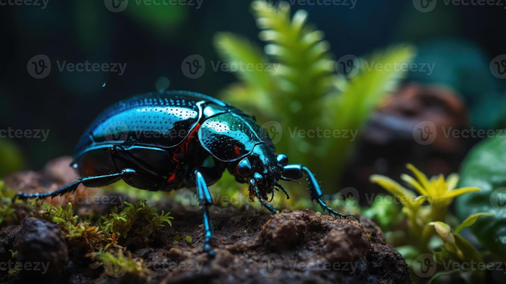 A close-up of a vibrant blue beetle on a mossy surface amidst lush greenery. photo