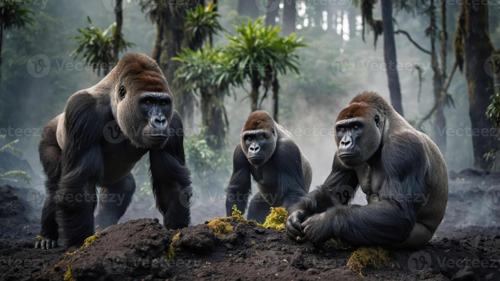 Three gorillas in a misty forest setting, showcasing their natural habitat. photo
