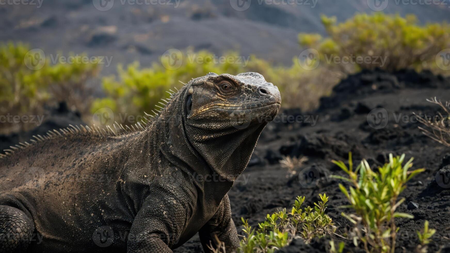 A close-up of a large iguana on volcanic terrain, showcasing its rugged environment. photo