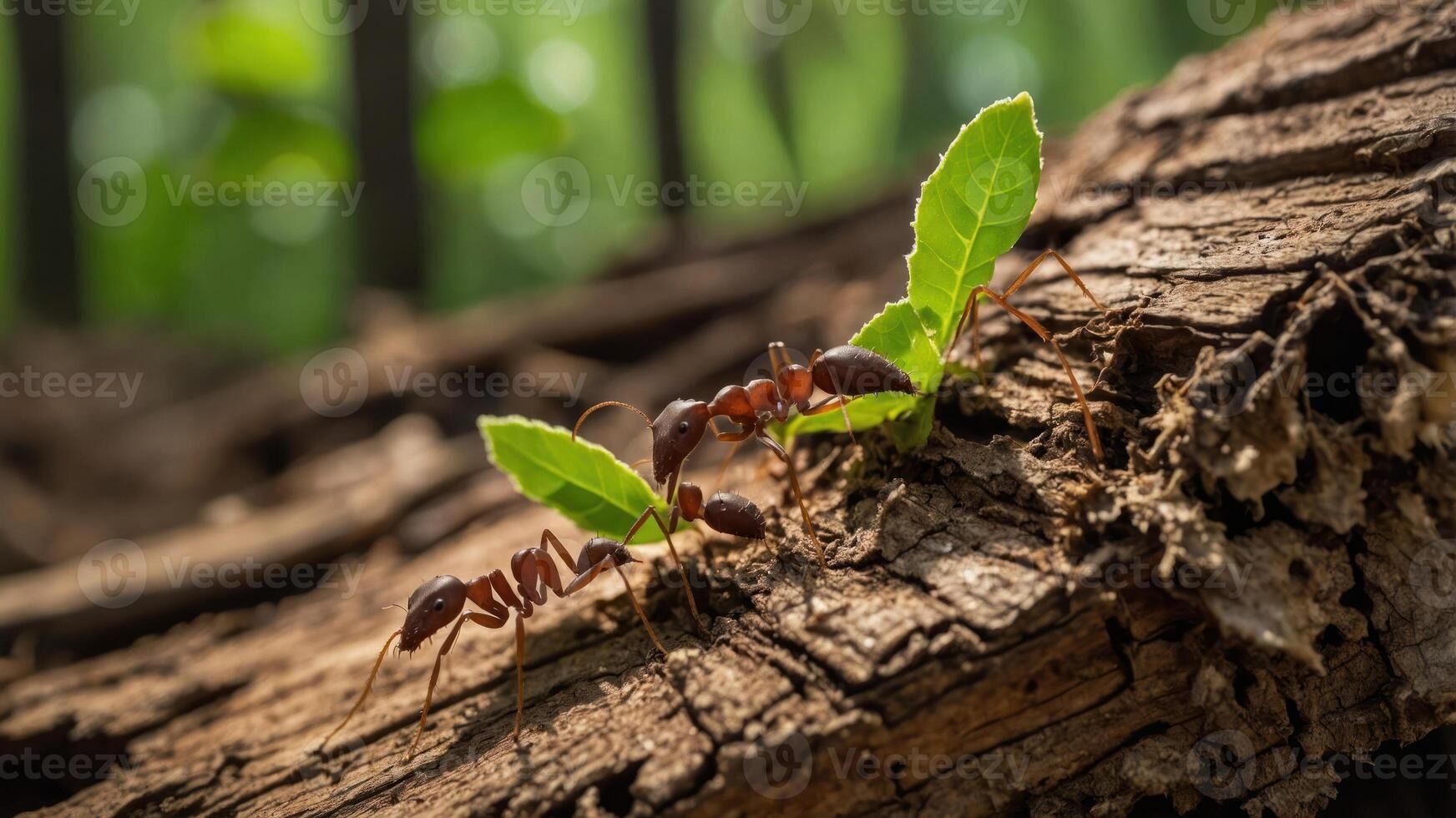 Ants interacting on a log with green leaves in a natural setting. photo