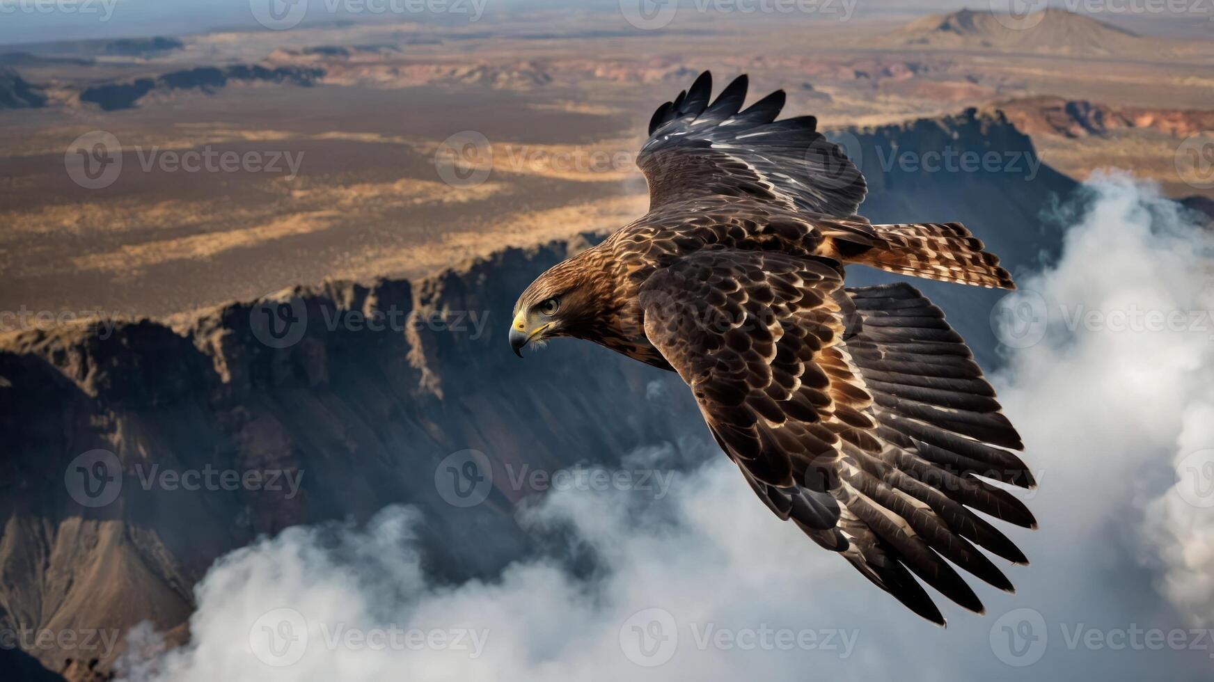A majestic eagle soaring over a vast landscape, showcasing nature's beauty and freedom. photo