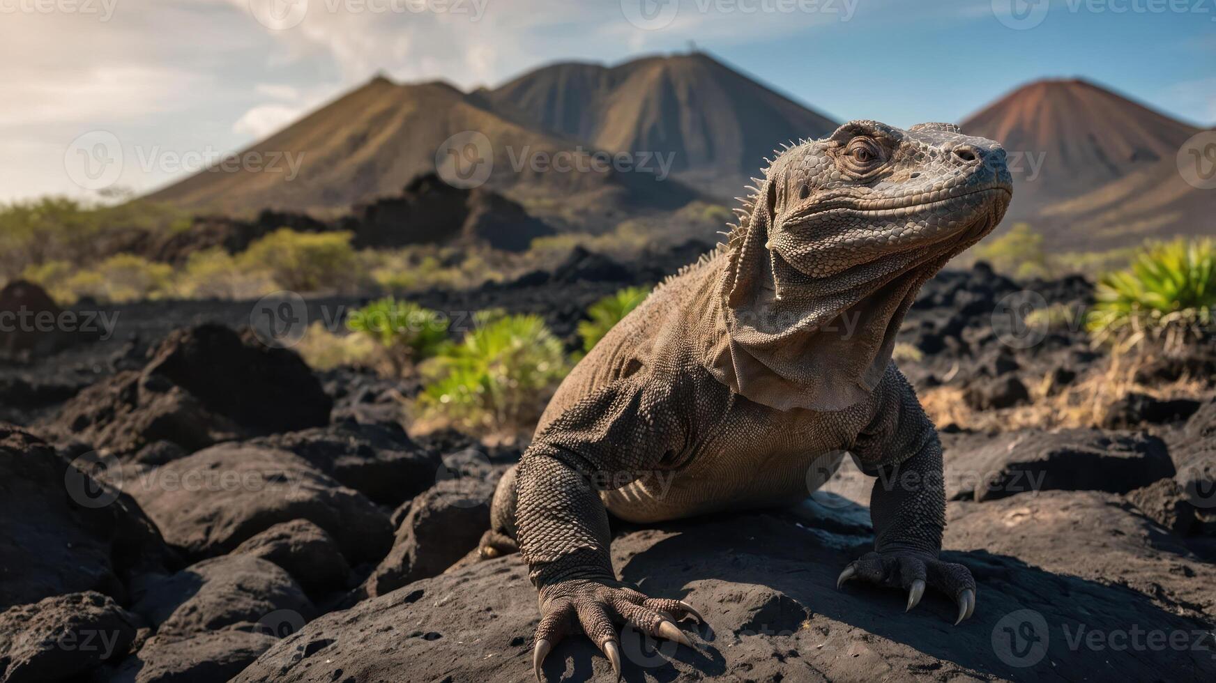 A lizard basking on volcanic rocks with mountains in the background under a sunny sky. photo