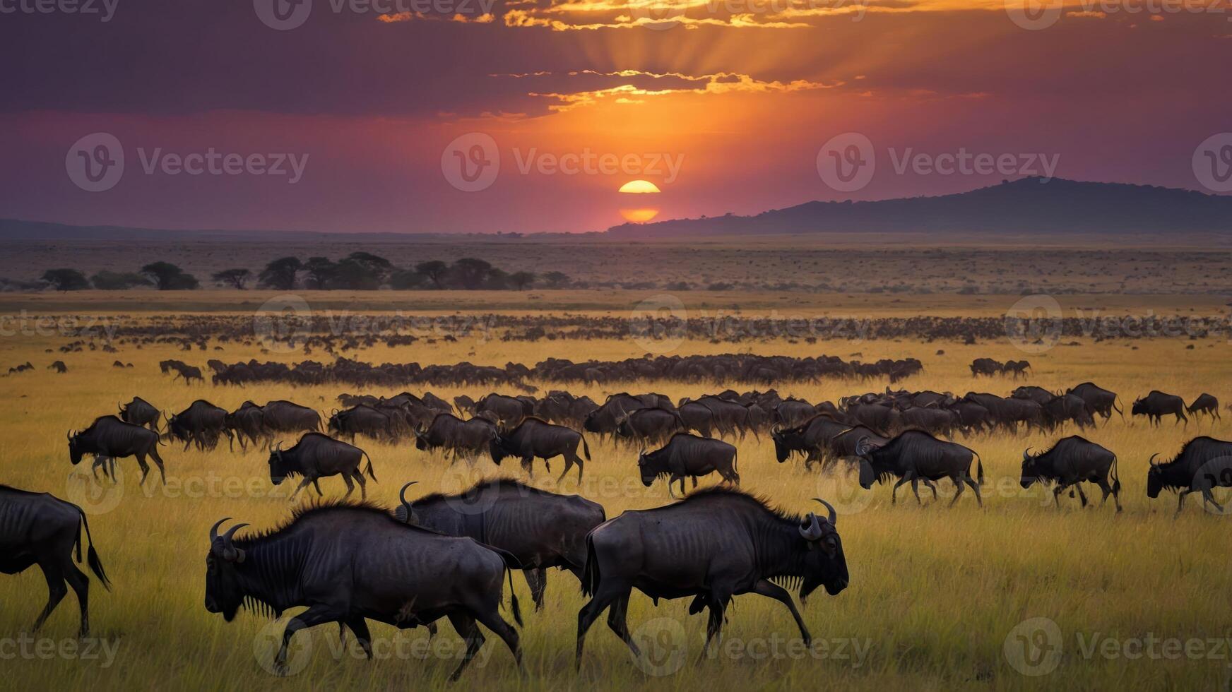 A herd of wildebeests migrating at sunset in a vast savanna landscape. photo