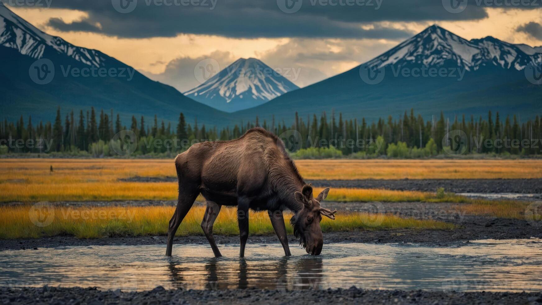 A moose wades through a serene landscape with mountains in the background during sunset. photo
