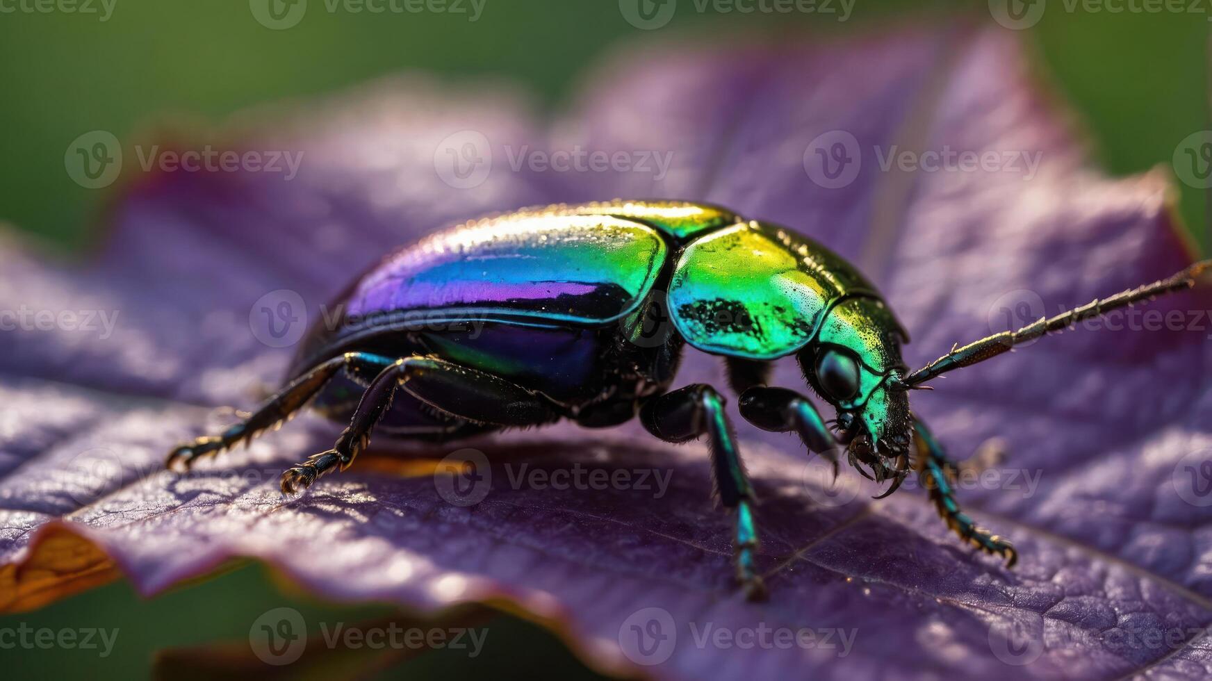 A vibrant beetle with iridescent colors resting on a leaf. photo