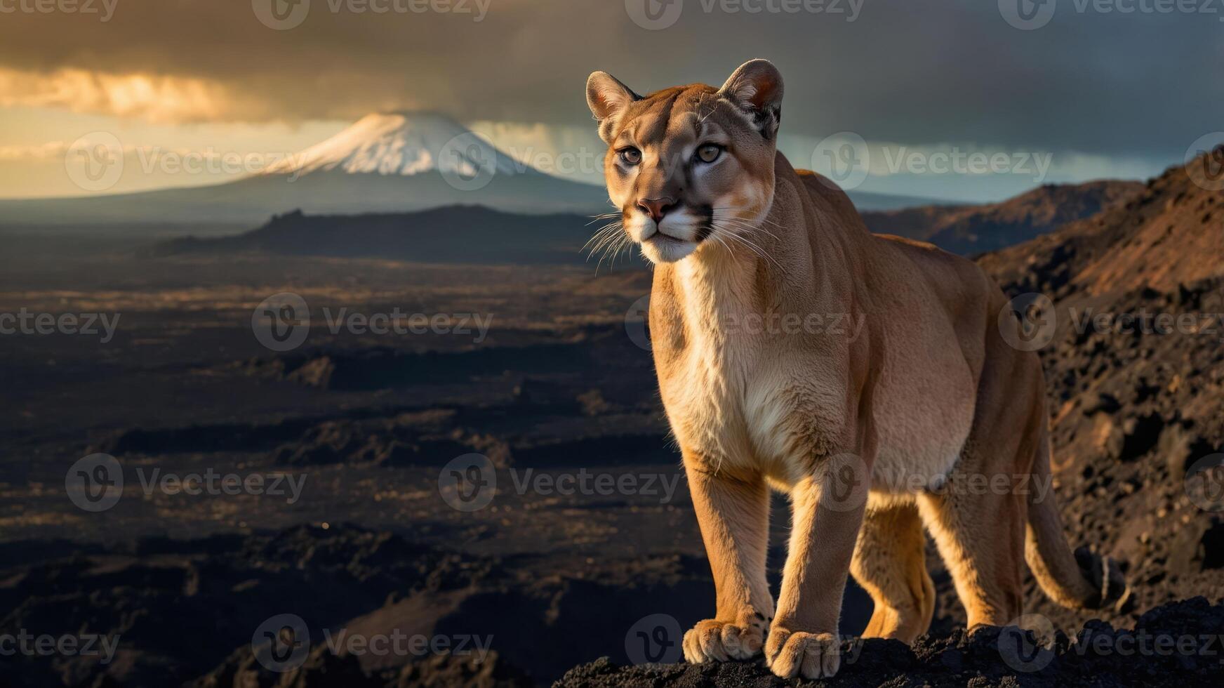 A majestic mountain lion stands on rocky terrain with a snow-capped volcano in the background. photo