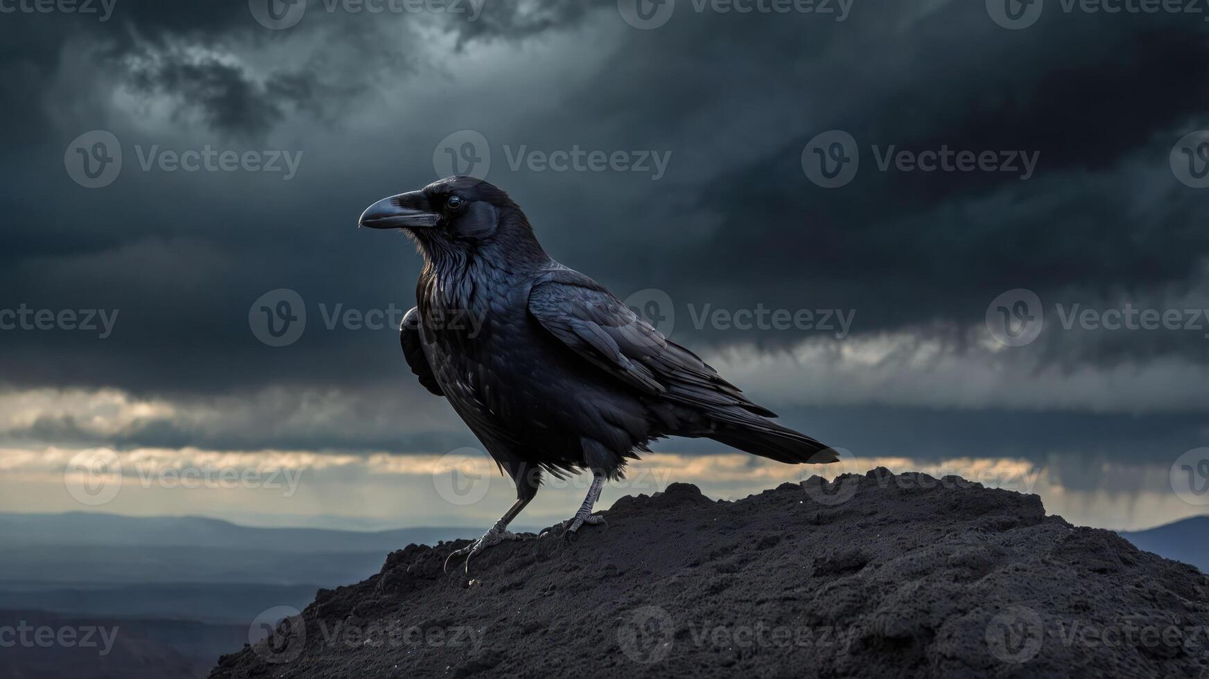 A solitary raven perched on a rocky outcrop under dramatic, cloudy skies. photo