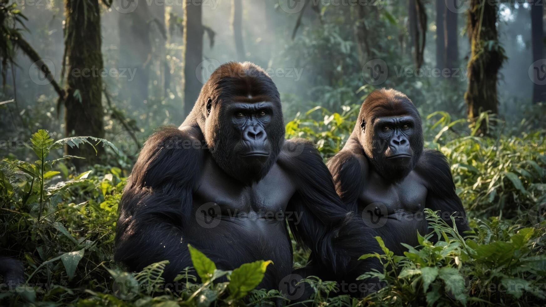 Two gorillas sitting in a misty forest, surrounded by lush greenery. photo