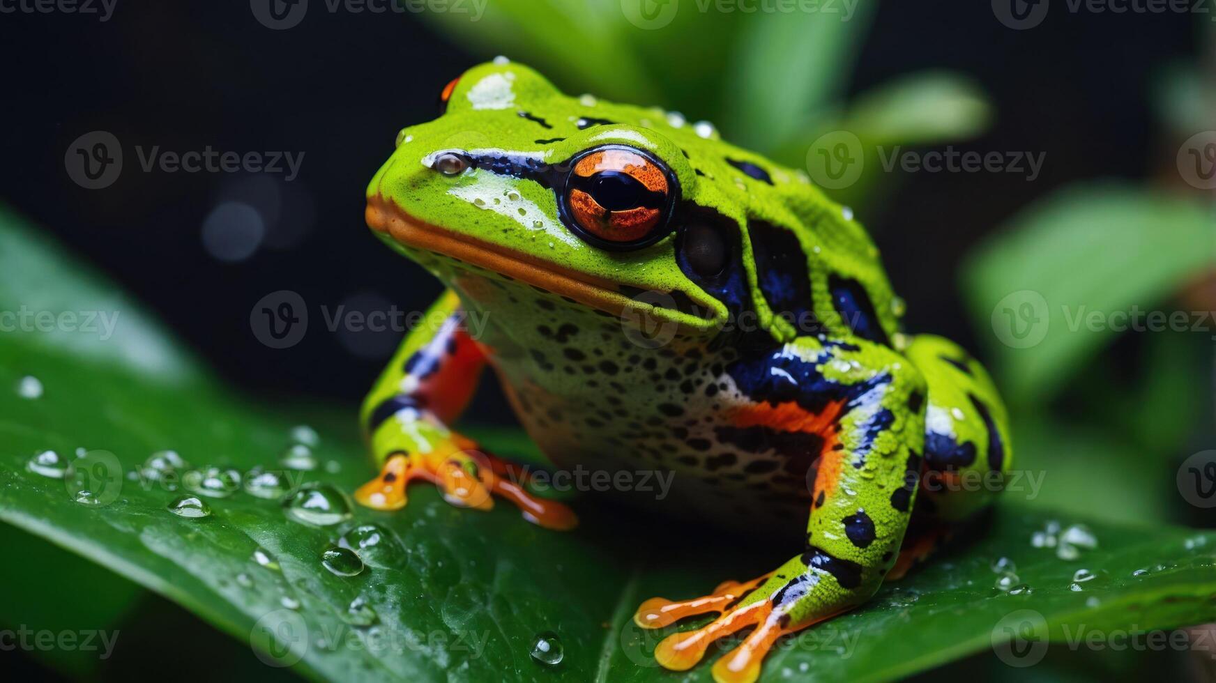 A vibrant green frog with orange and blue markings resting on a leaf with water droplets. photo