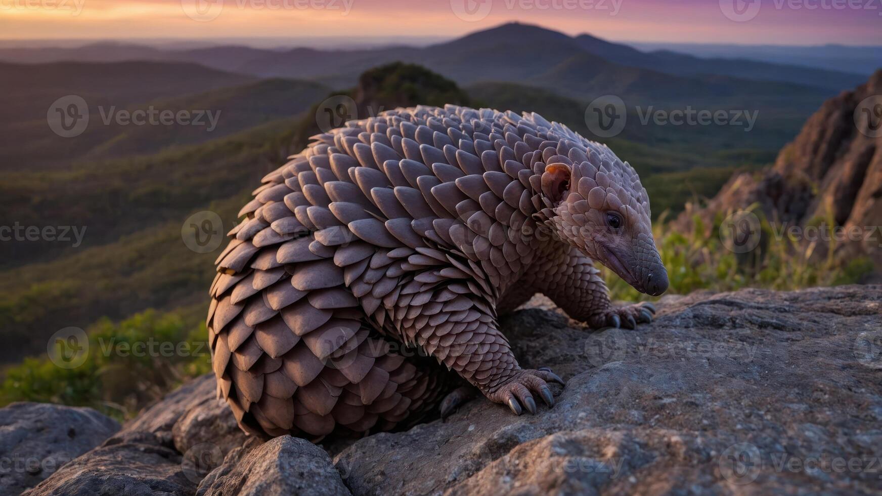 A pangolin climbs a rocky surface at sunset, showcasing its unique scales and natural habitat. photo