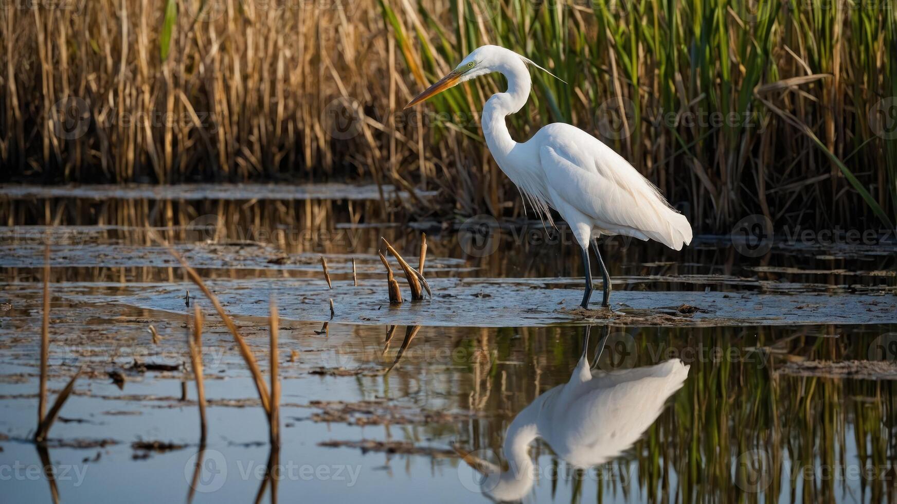 A solitary white heron stands in calm waters, surrounded by tall grasses, reflecting its image. photo