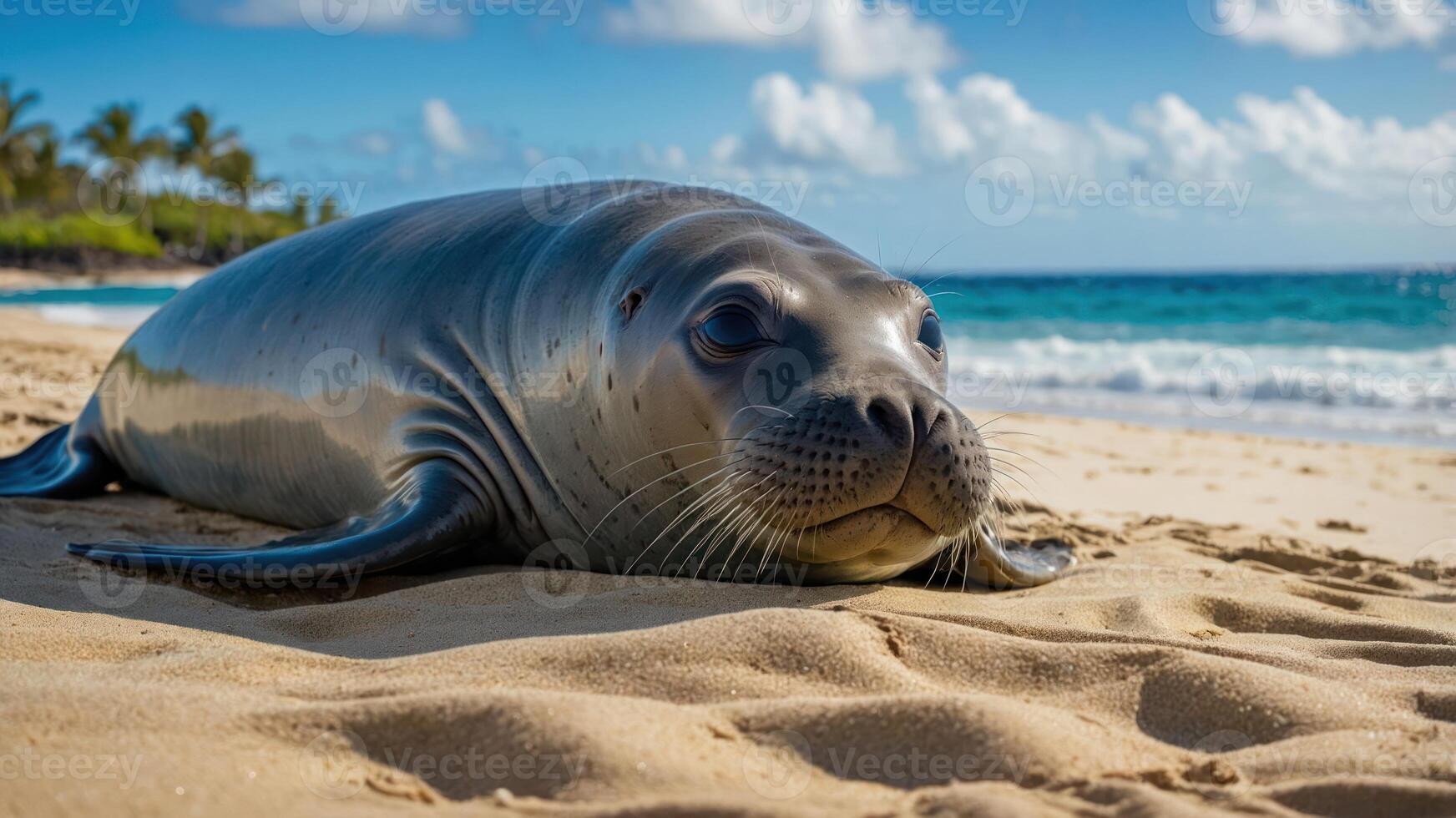A close-up of a seal resting on a sandy beach with ocean waves in the background. photo