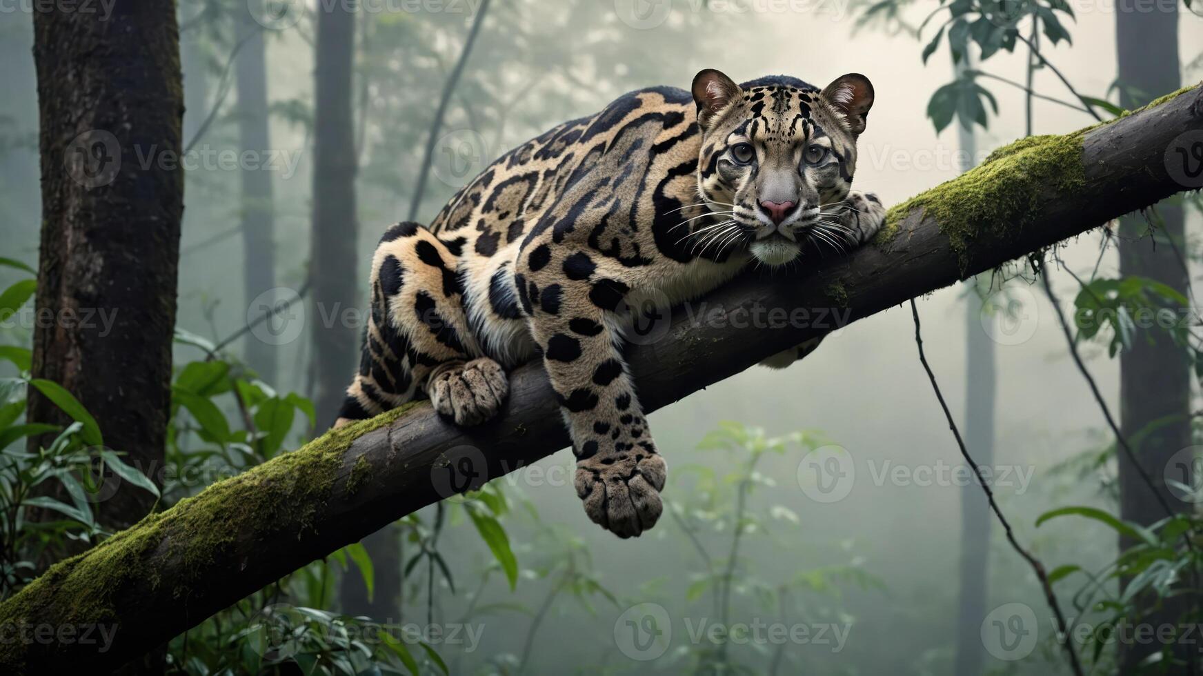 A majestic clouded leopard resting on a mossy branch in a misty forest. photo