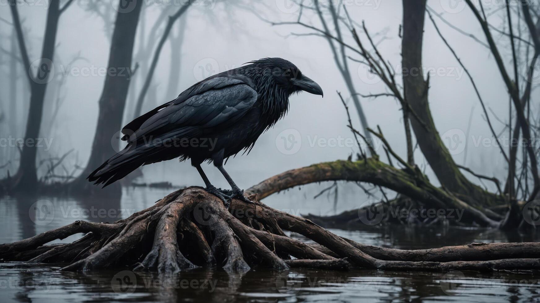 A raven perched on a gnarled root in a foggy wetland, evoking a mysterious atmosphere. photo