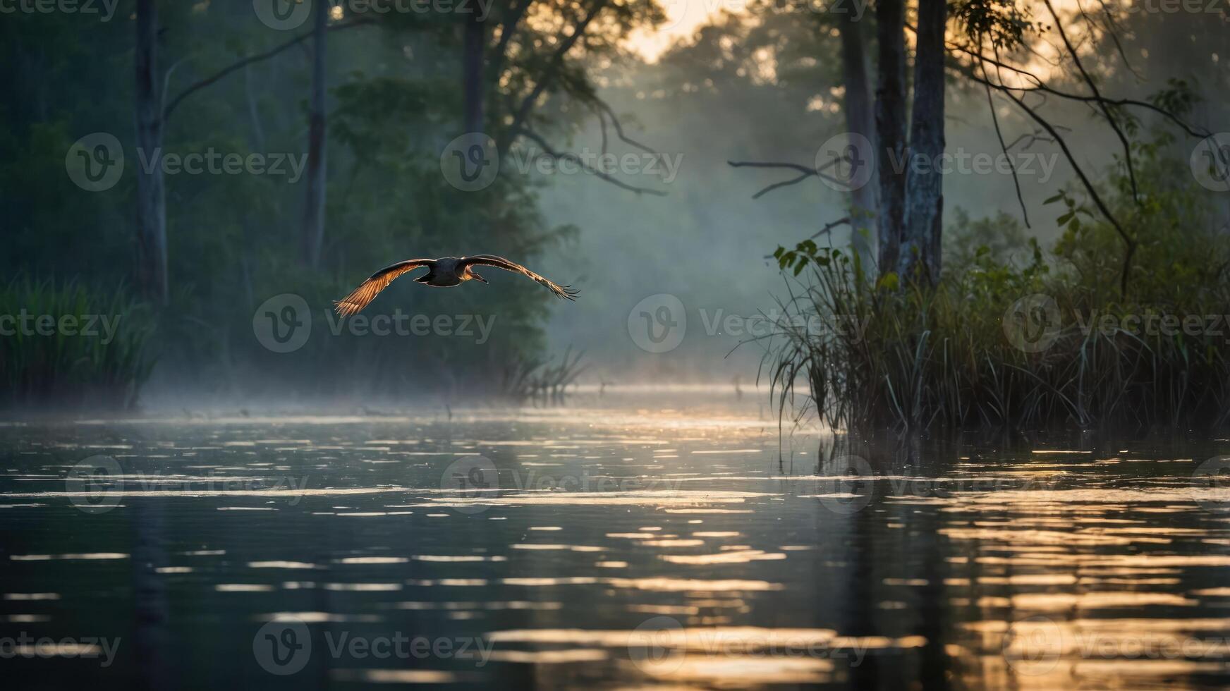 A serene river scene at dawn with a bird in flight, surrounded by misty trees and water. photo