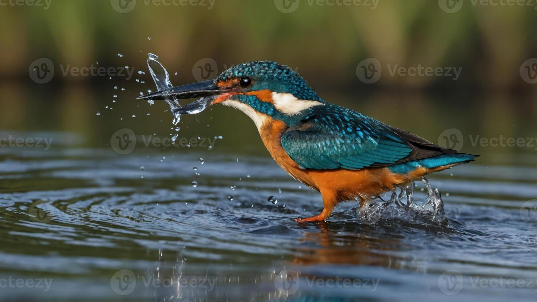 A kingfisher catching a fish, creating splashes in the water. photo