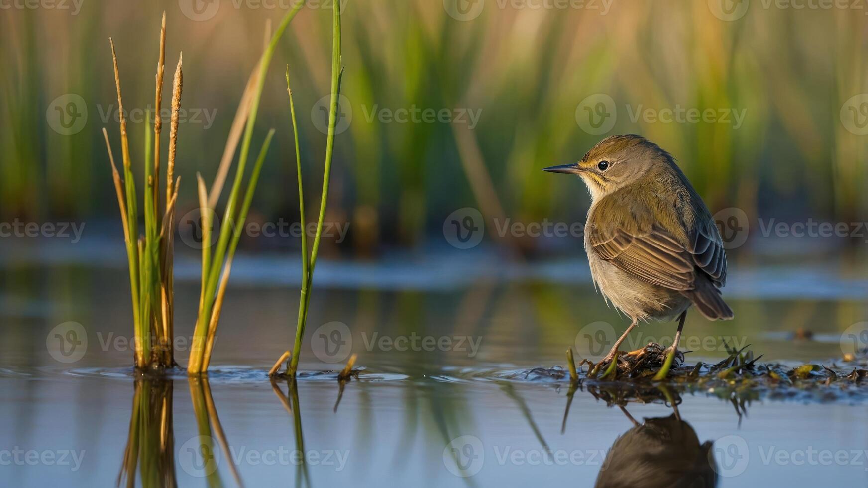 A small bird stands near water amidst green grass, showcasing nature's beauty. photo