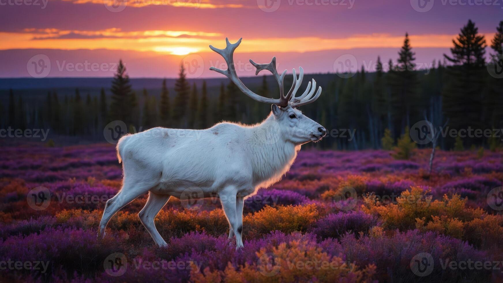 A majestic white reindeer stands in a vibrant purple landscape at sunset. photo