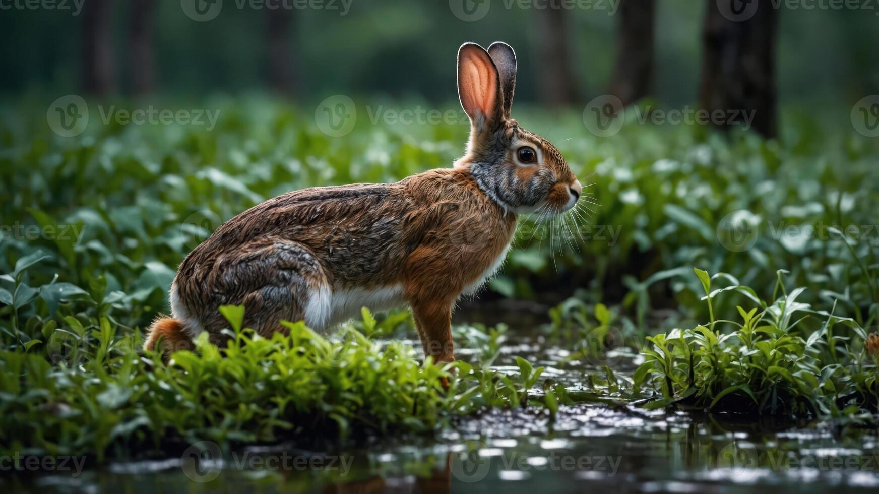 A rabbit stands in a lush green environment near water, showcasing nature's beauty. photo