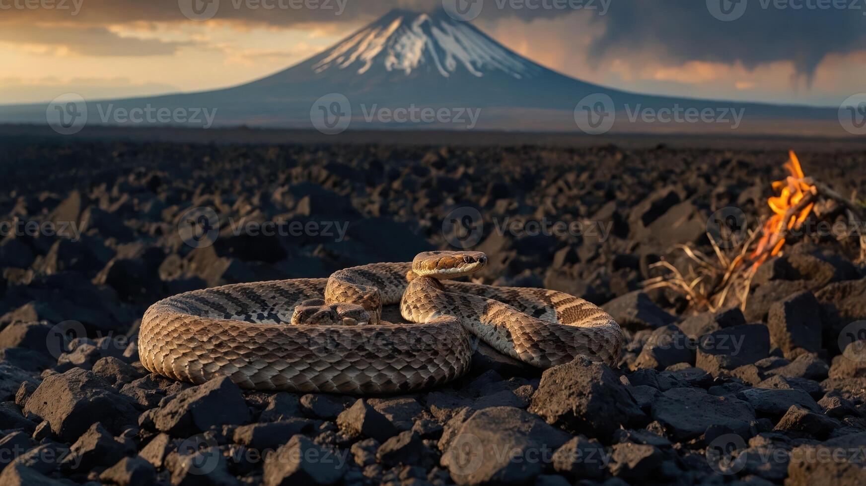 A snake rests on rocky ground with a volcanic mountain in the background during sunset. photo
