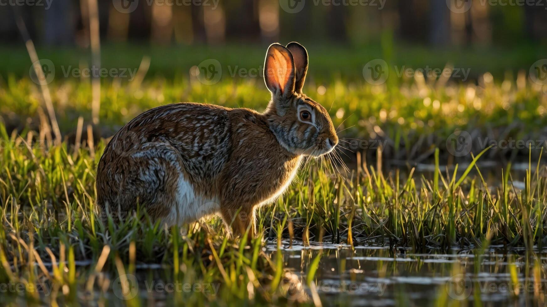 A rabbit stands in a grassy area near water, illuminated by soft sunlight. photo