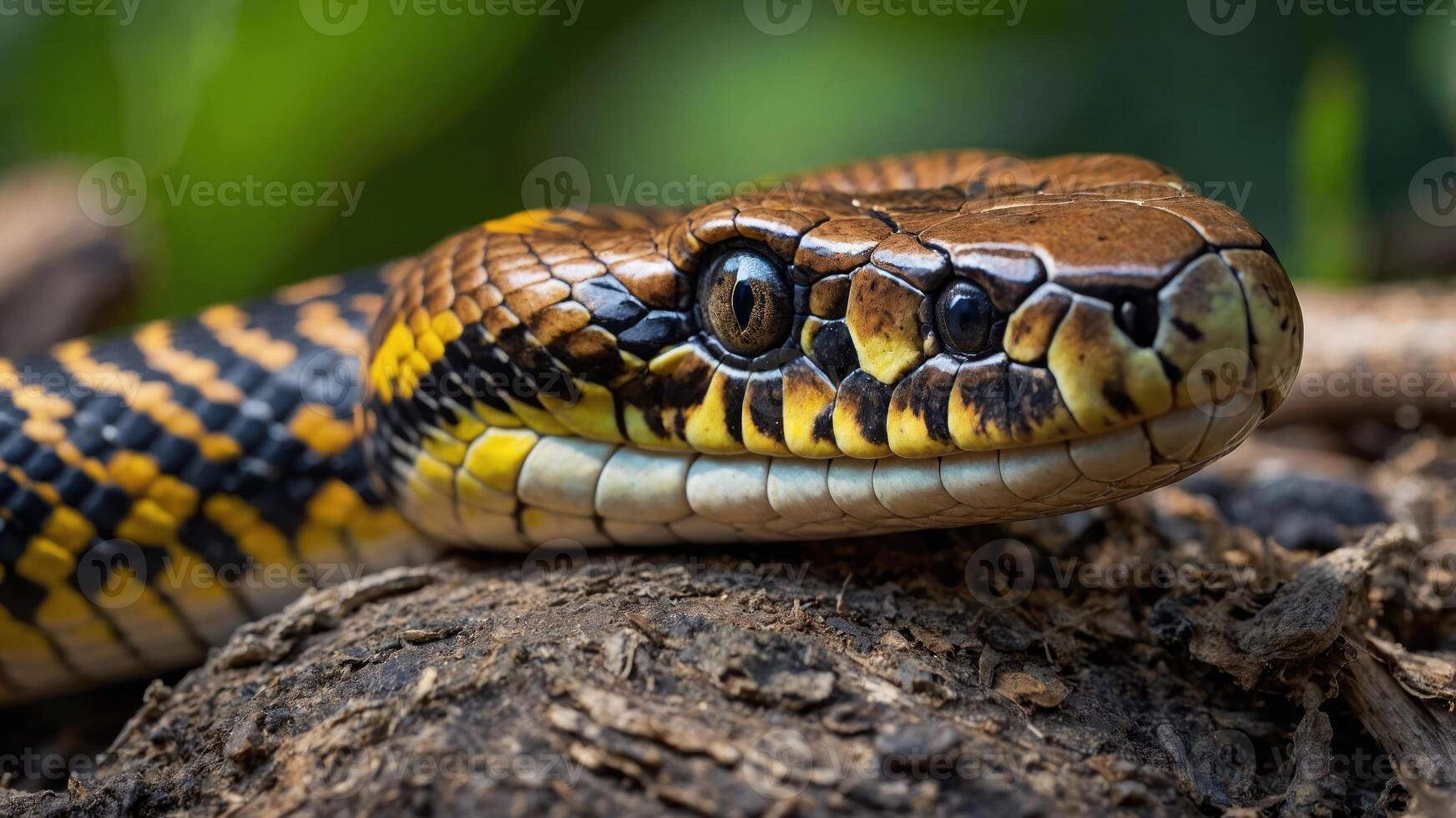 Close-up of a snake resting on the ground, showcasing its vibrant scales and texture. photo