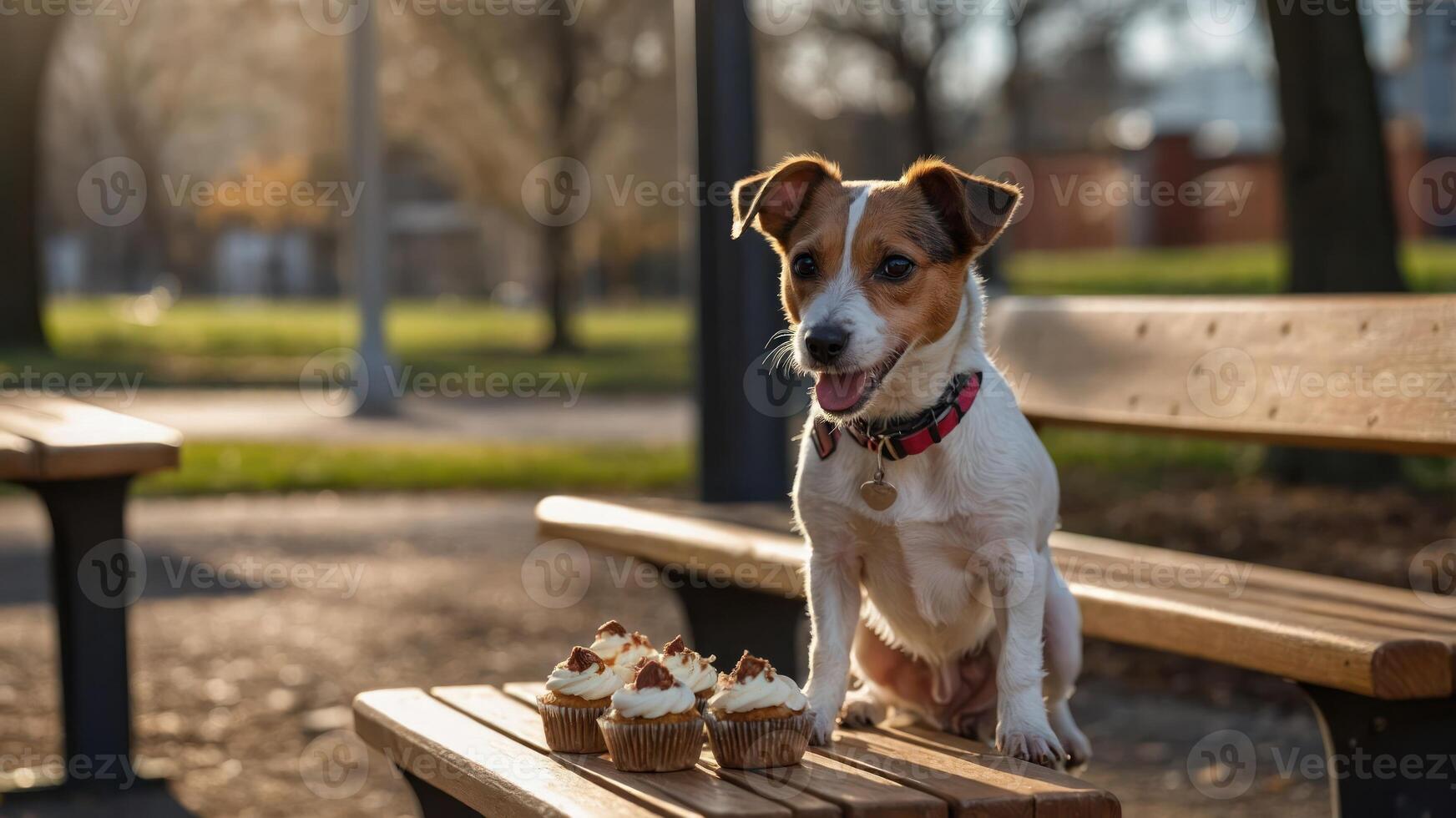 A small dog sits on a bench next to three cupcakes in a park setting. photo