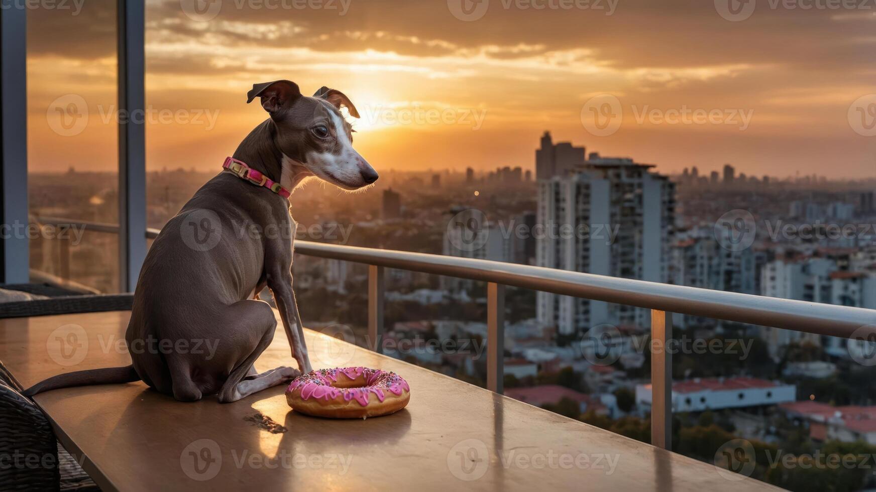 A dog sits on a balcony at sunset, next to a donut, overlooking a cityscape. photo