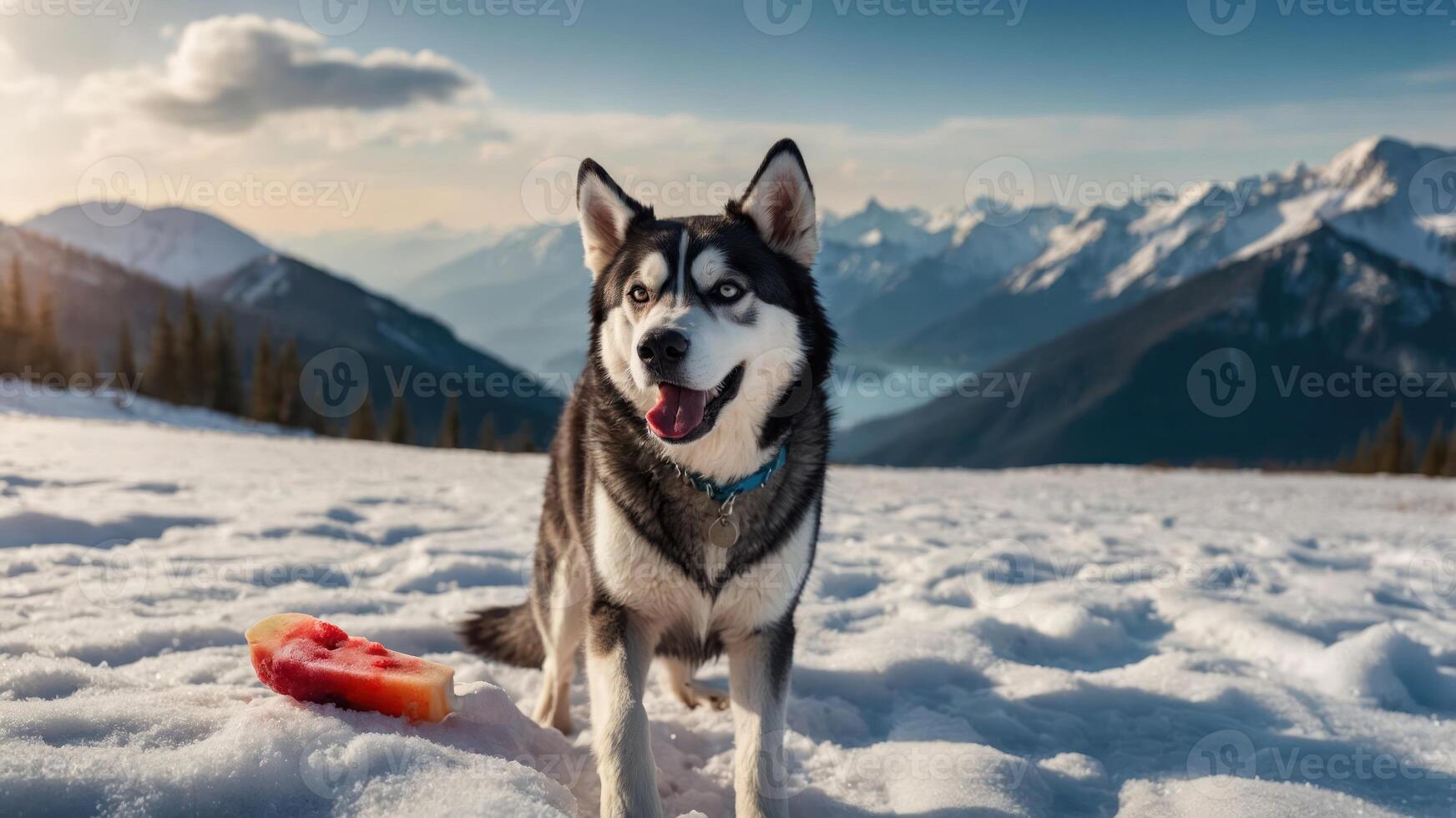 A playful husky stands on snow with mountains in the background and a piece of watermelon nearby. photo