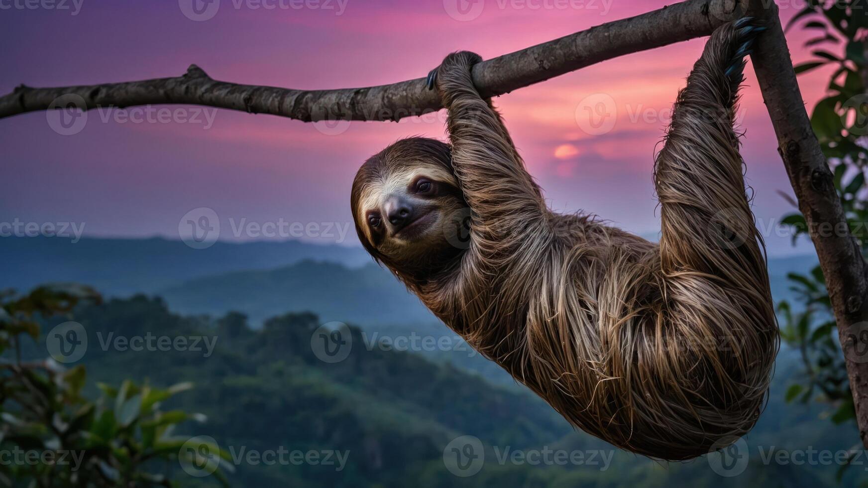 A sloth hanging from a branch against a colorful sunset backdrop in a lush landscape. photo