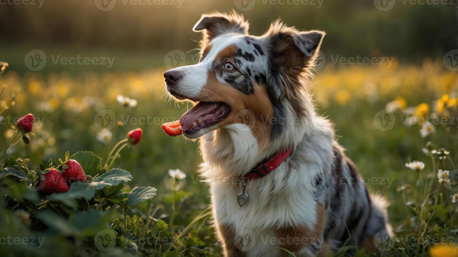 A playful dog with striking fur enjoys a sunny day among strawberries in a vibrant field. photo