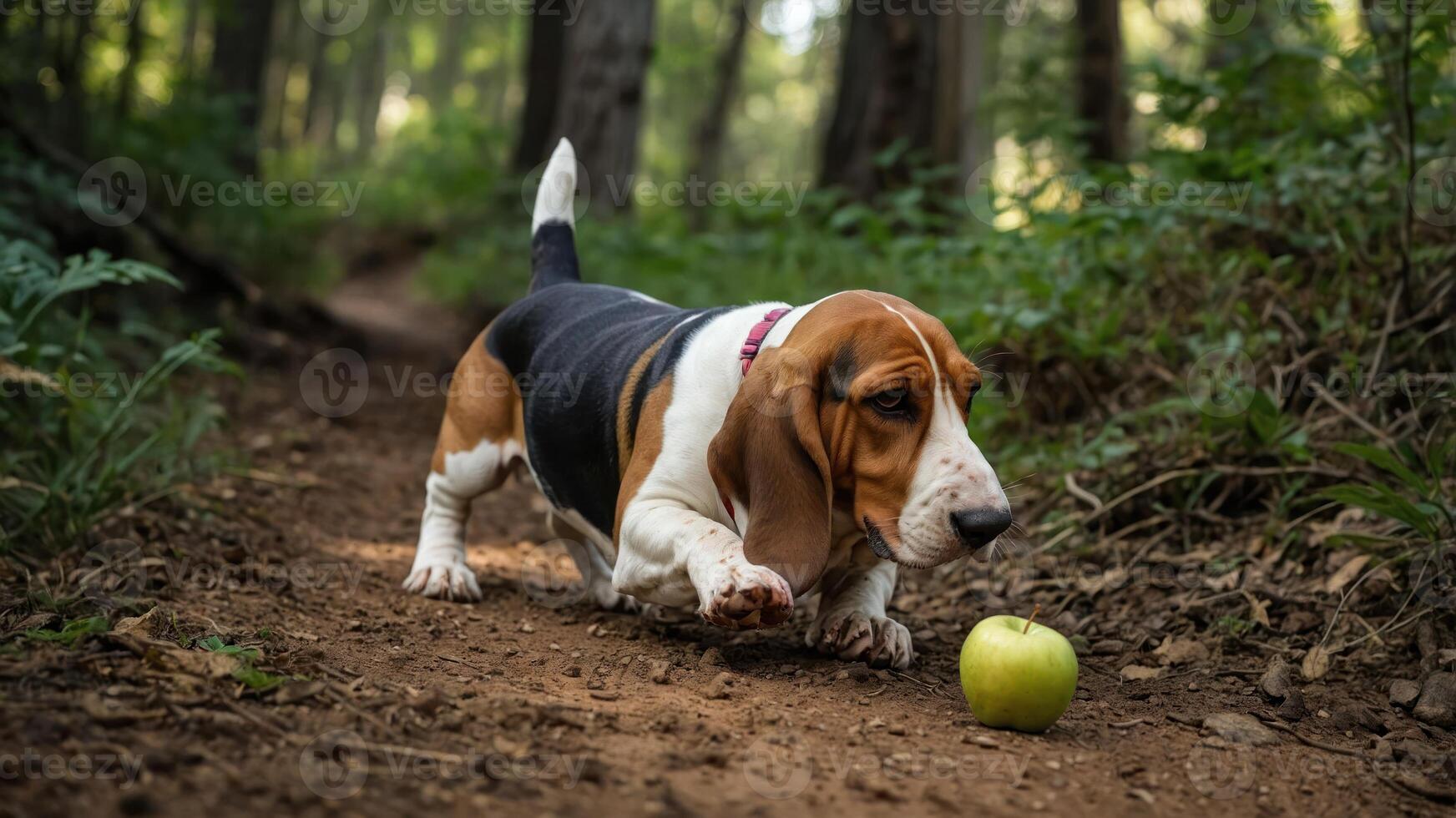 A curious basset hound approaches a green apple on a forest path. photo