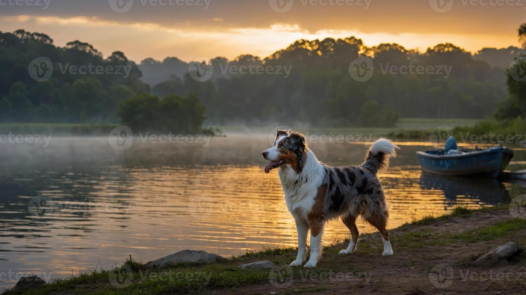 A dog stands by a misty lake at sunset, creating a serene outdoor scene. photo