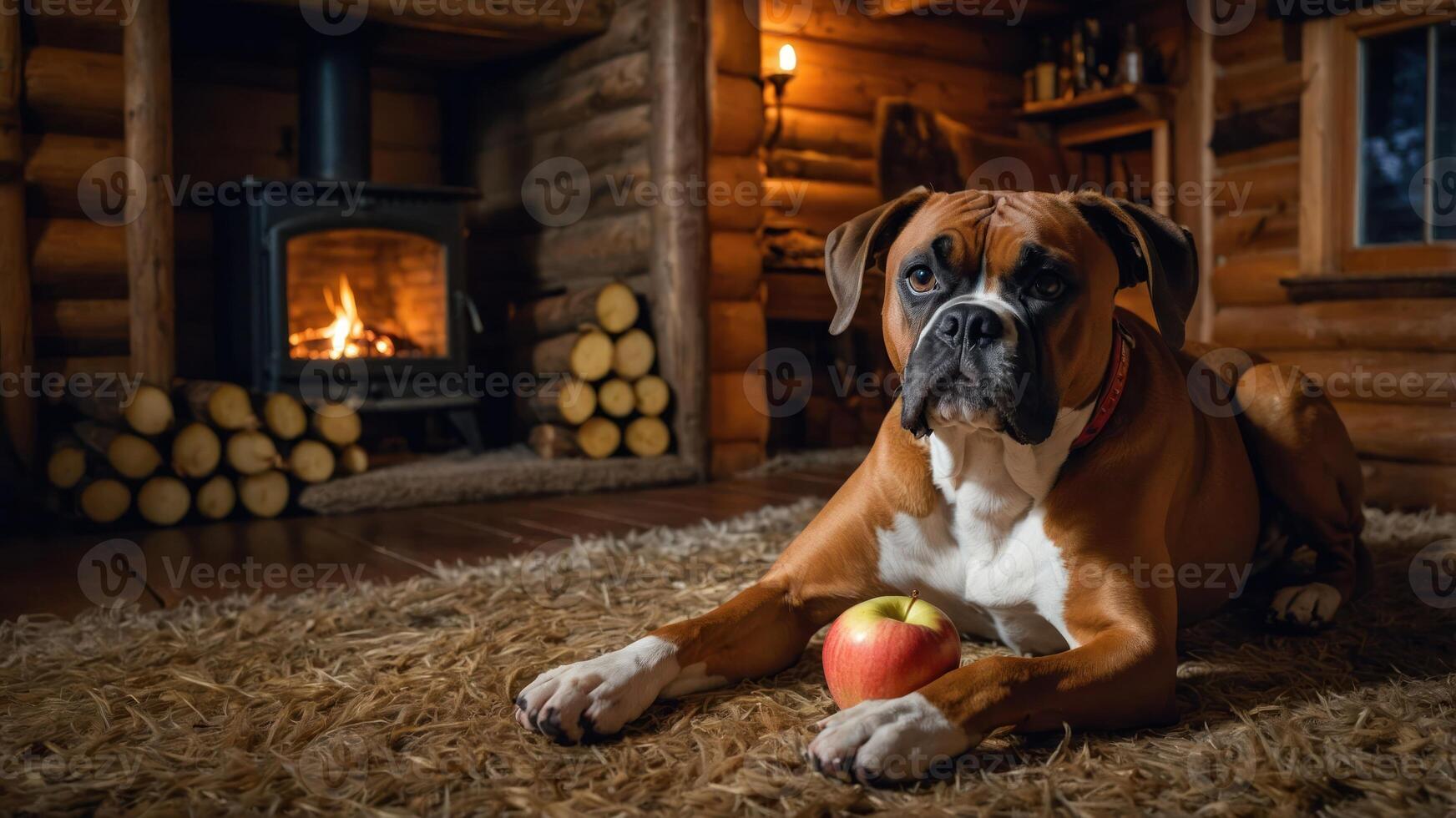 A cozy scene featuring a dog resting with an apple in front of a fireplace. photo
