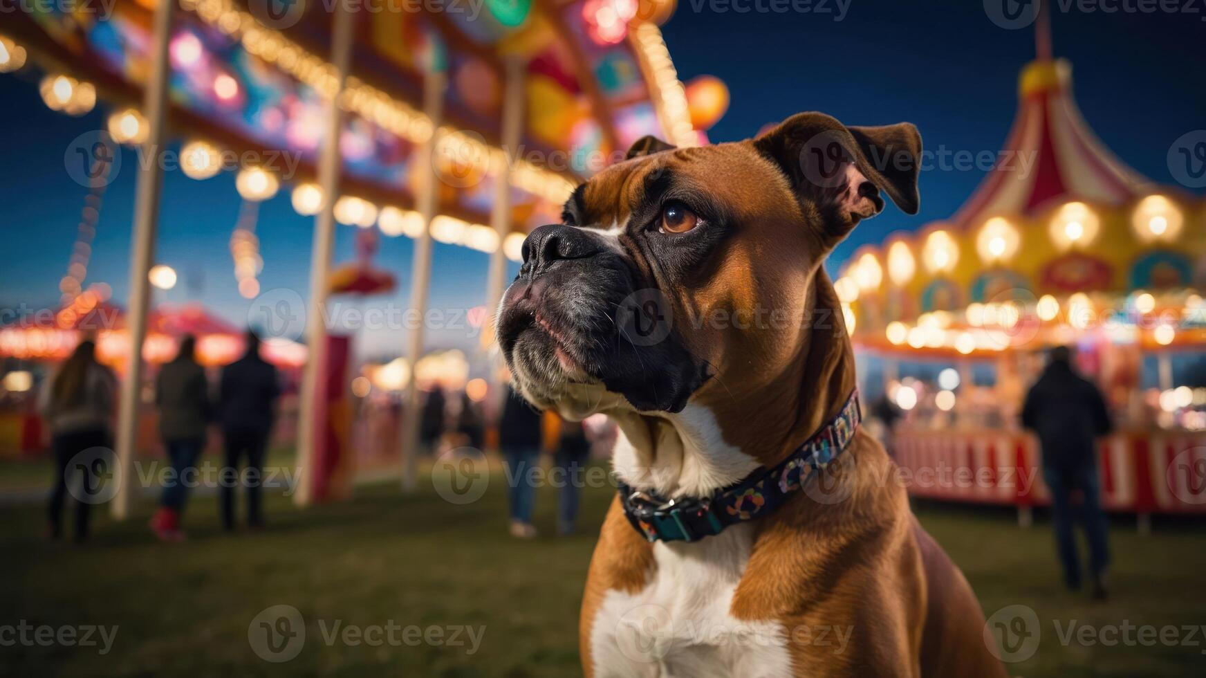 A dog sits in front of a vibrant carnival at dusk, surrounded by lights and people. photo