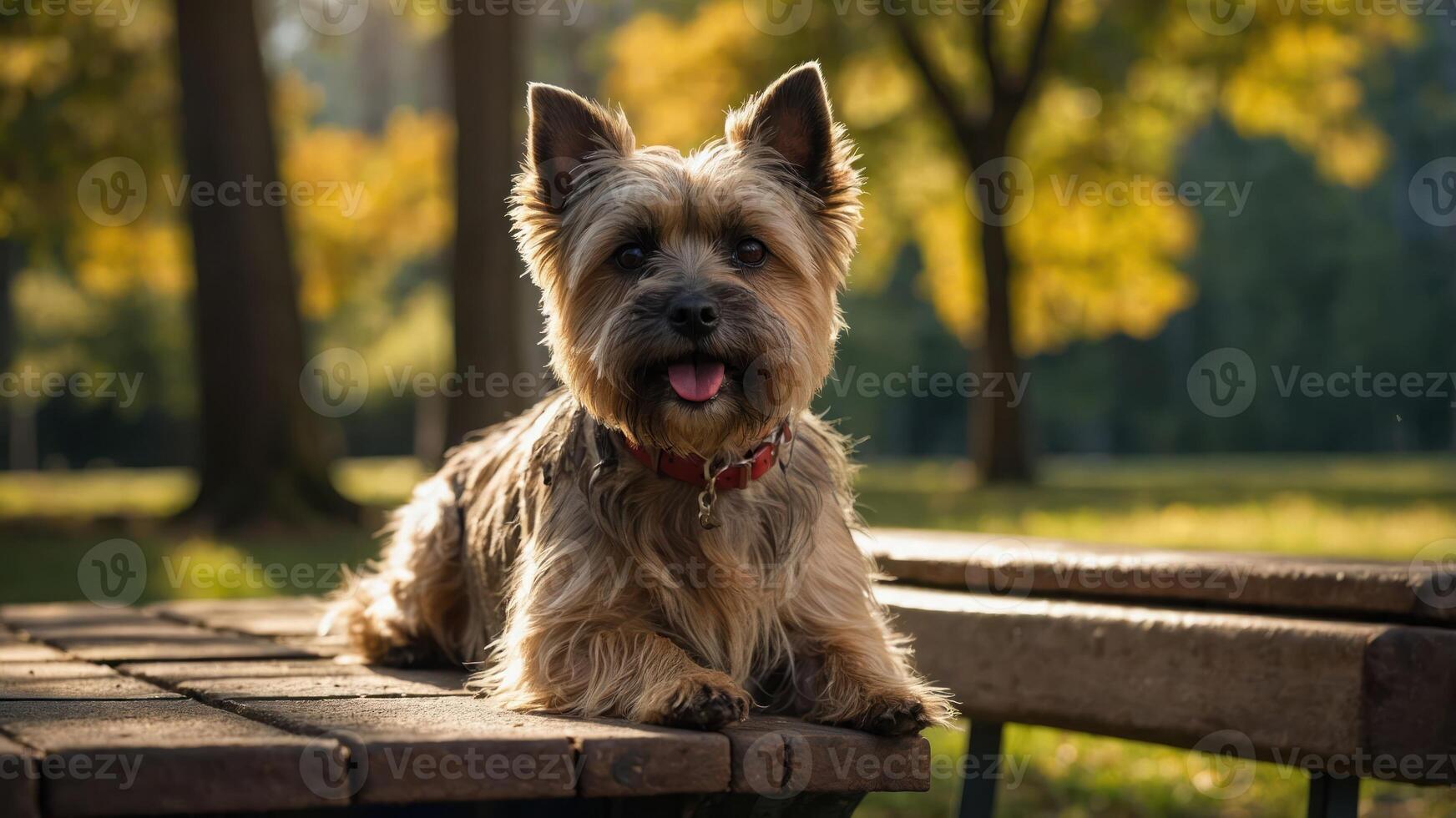 A dog resting on a picnic table in a sunlit park, surrounded by trees and nature. photo