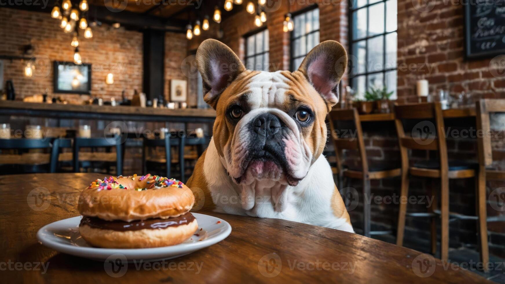 A dog curiously gazes at a donut on a table in a cozy cafe setting. photo