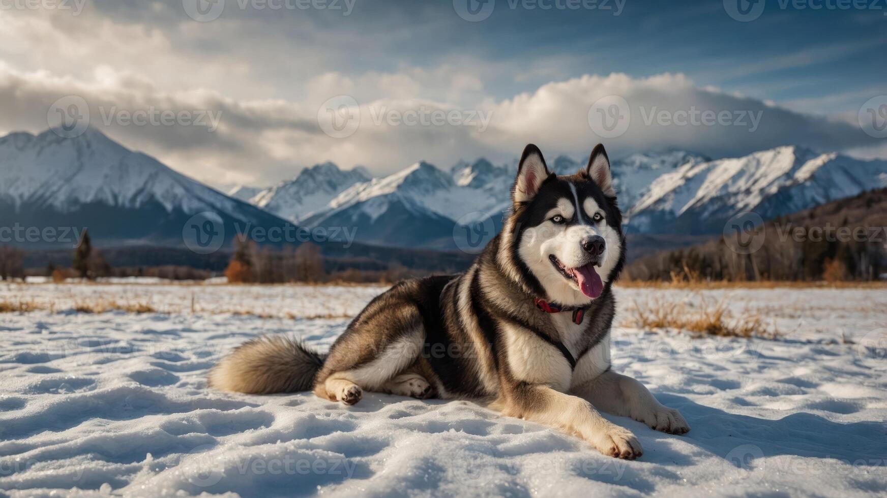 A husky dog lounging in the snow with mountains in the background under a blue sky. photo