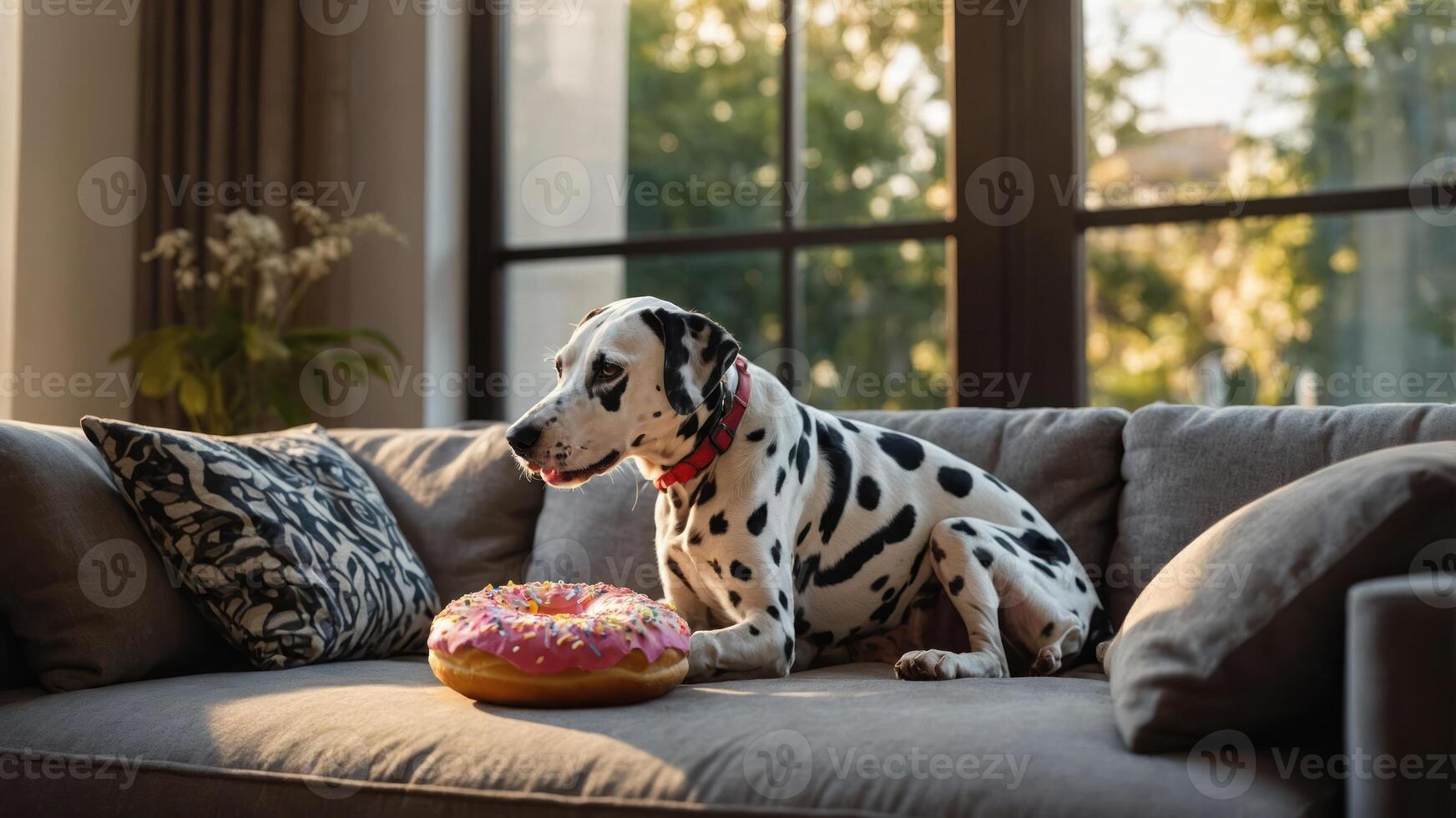 A Dalmatian dog sits on a couch beside a colorful donut toy in a sunlit room. photo