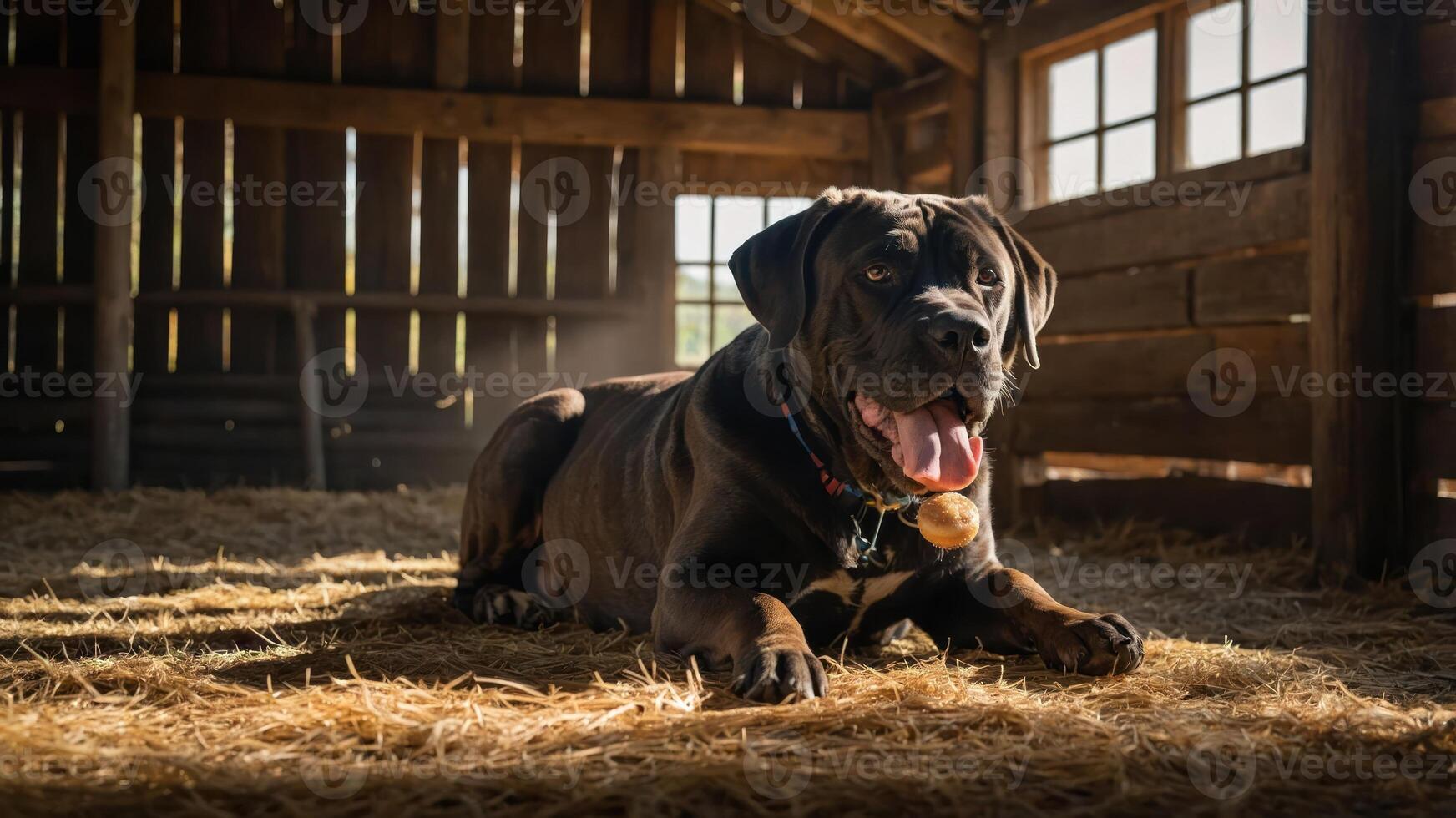 A relaxed dog lying on straw in a rustic barn with sunlight streaming through windows. photo