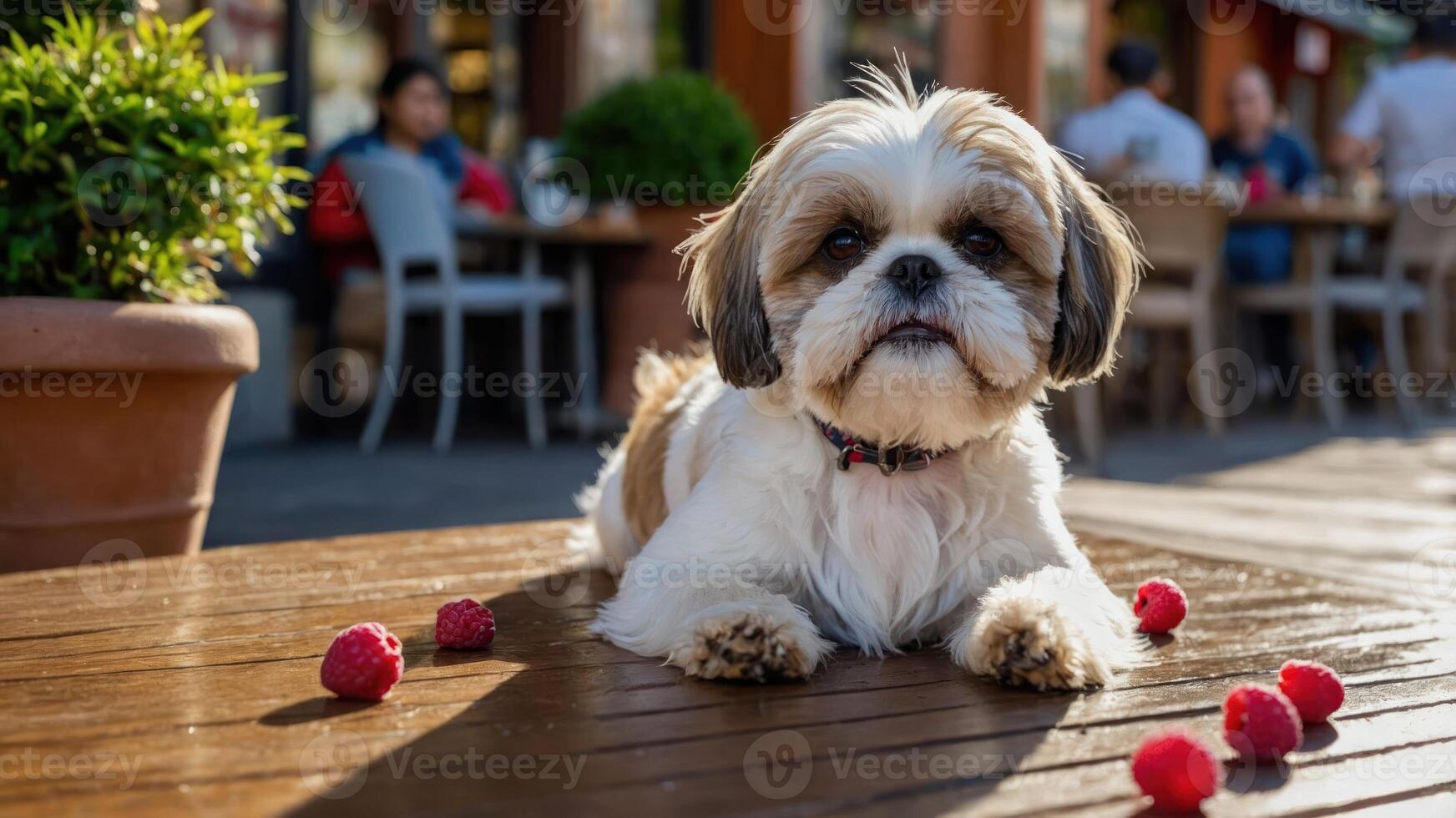 A cute dog lounging on a wooden surface with raspberries scattered around. photo