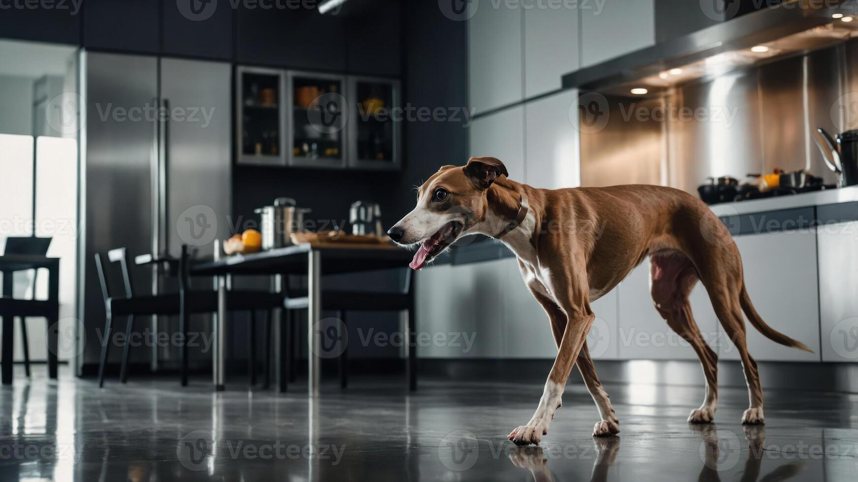 A dog walking through a modern kitchen with sleek appliances and a dining area. photo
