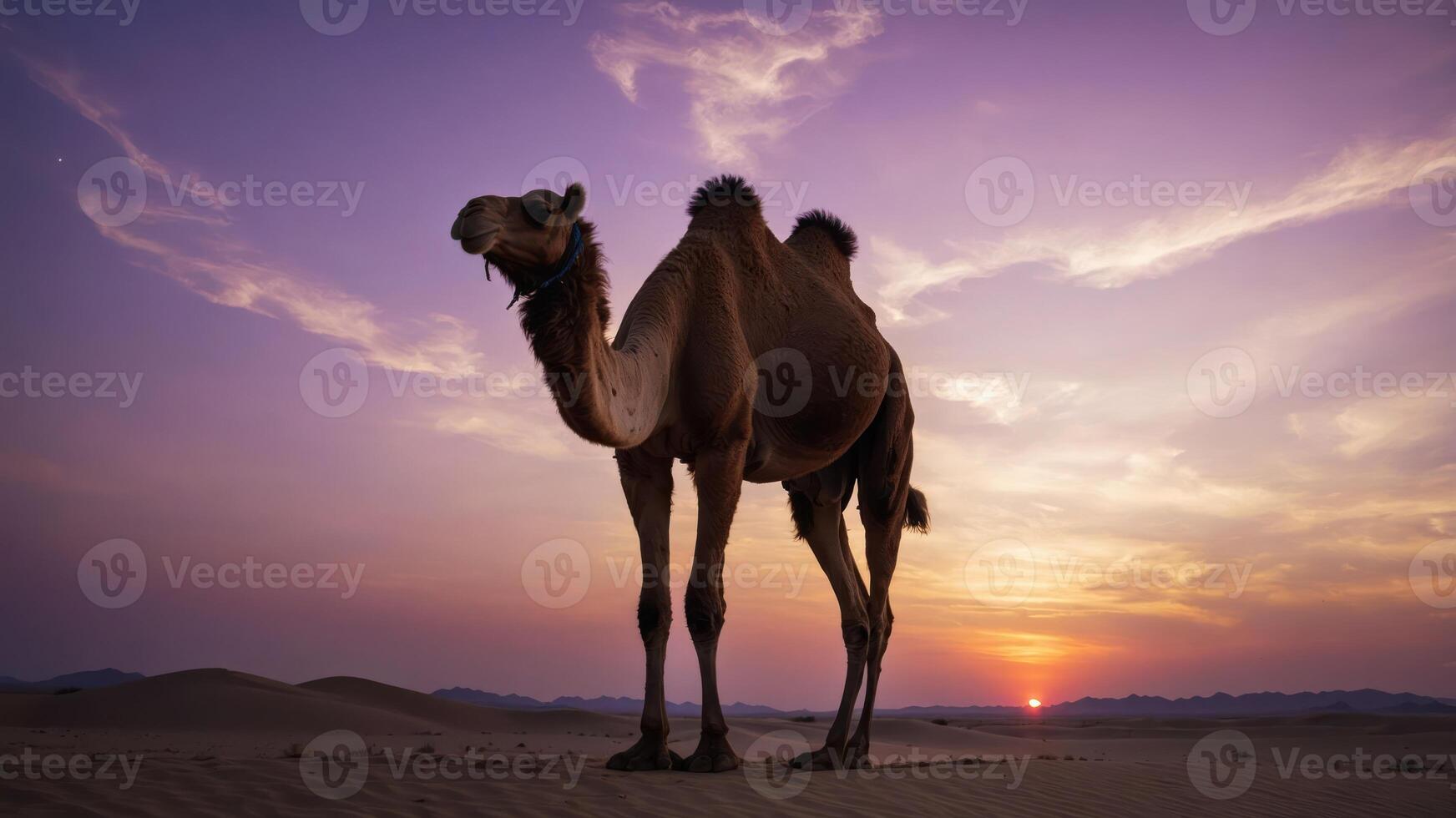 A camel stands in a desert at sunset, showcasing the serene beauty of nature. photo
