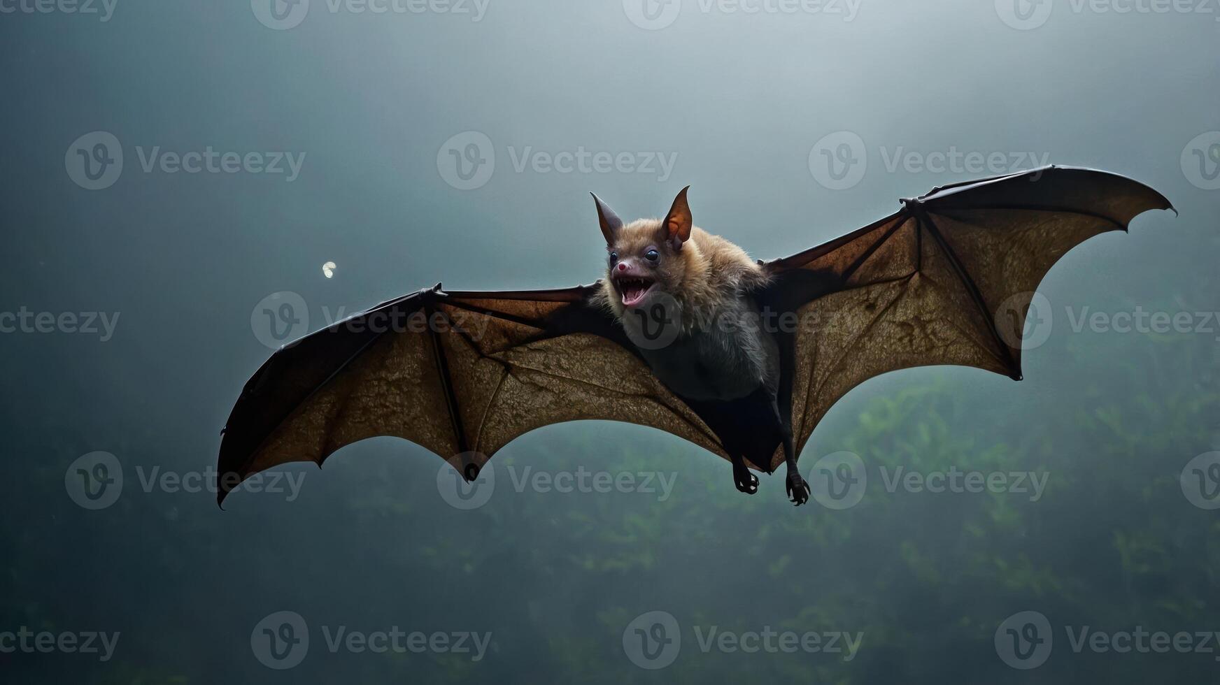 A bat in flight, showcasing its wings and agile movement in a misty environment. photo