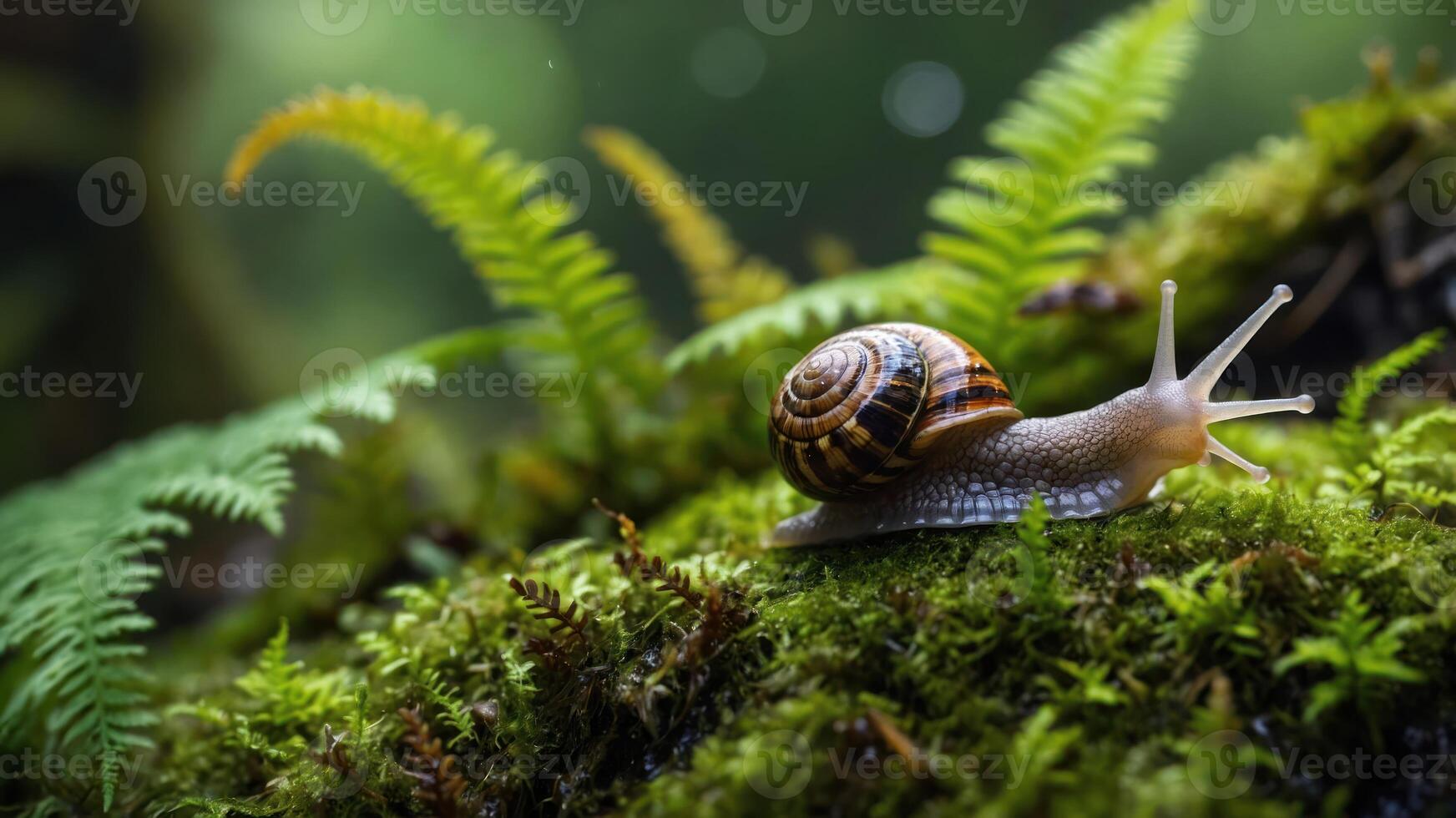 A snail crawls over mossy ground surrounded by ferns in a lush, green environment. photo
