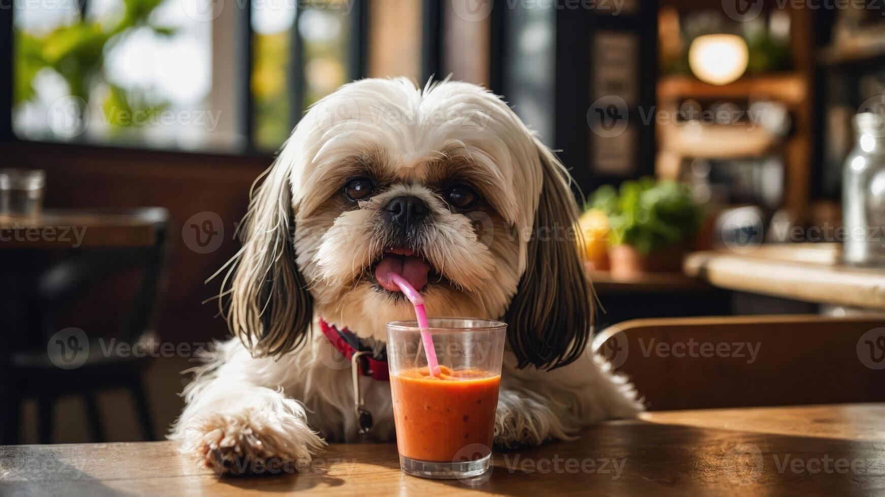 A dog enjoying a drink at a cafe, adding a playful touch to a cozy atmosphere. photo