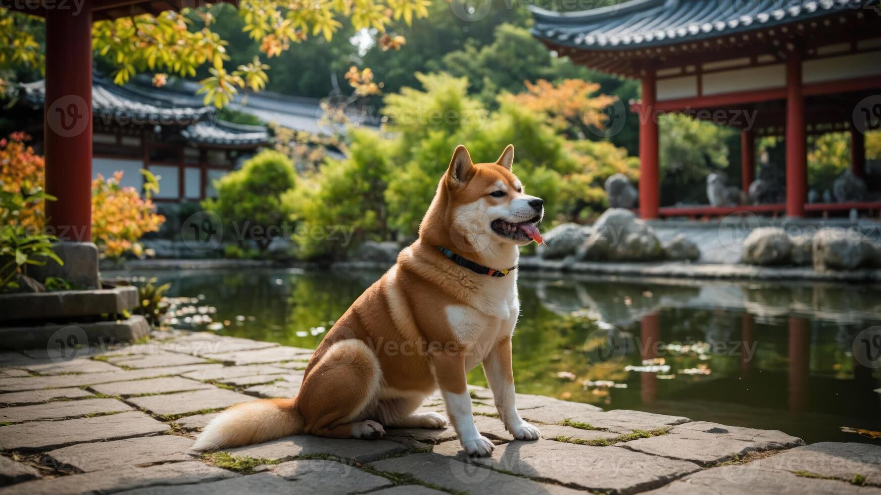 A Shiba Inu sits gracefully by a serene pond in a traditional garden setting. photo