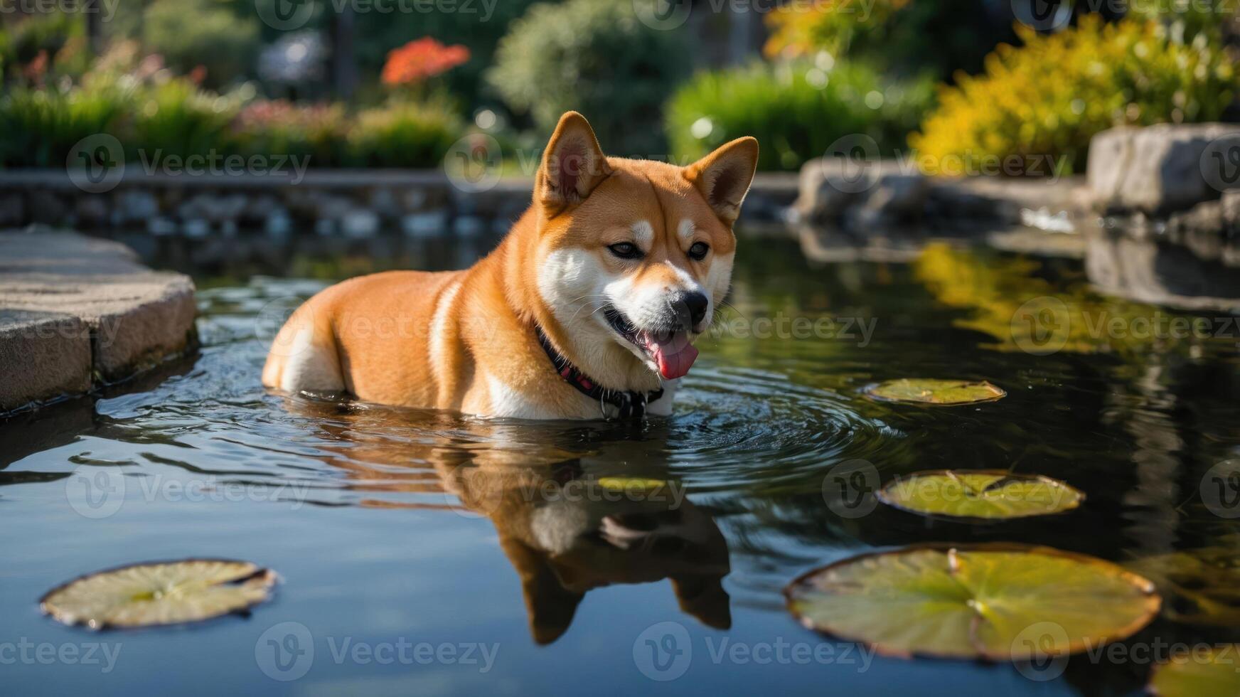 A Shiba Inu dog wades in a tranquil pond surrounded by lily pads and lush greenery. photo